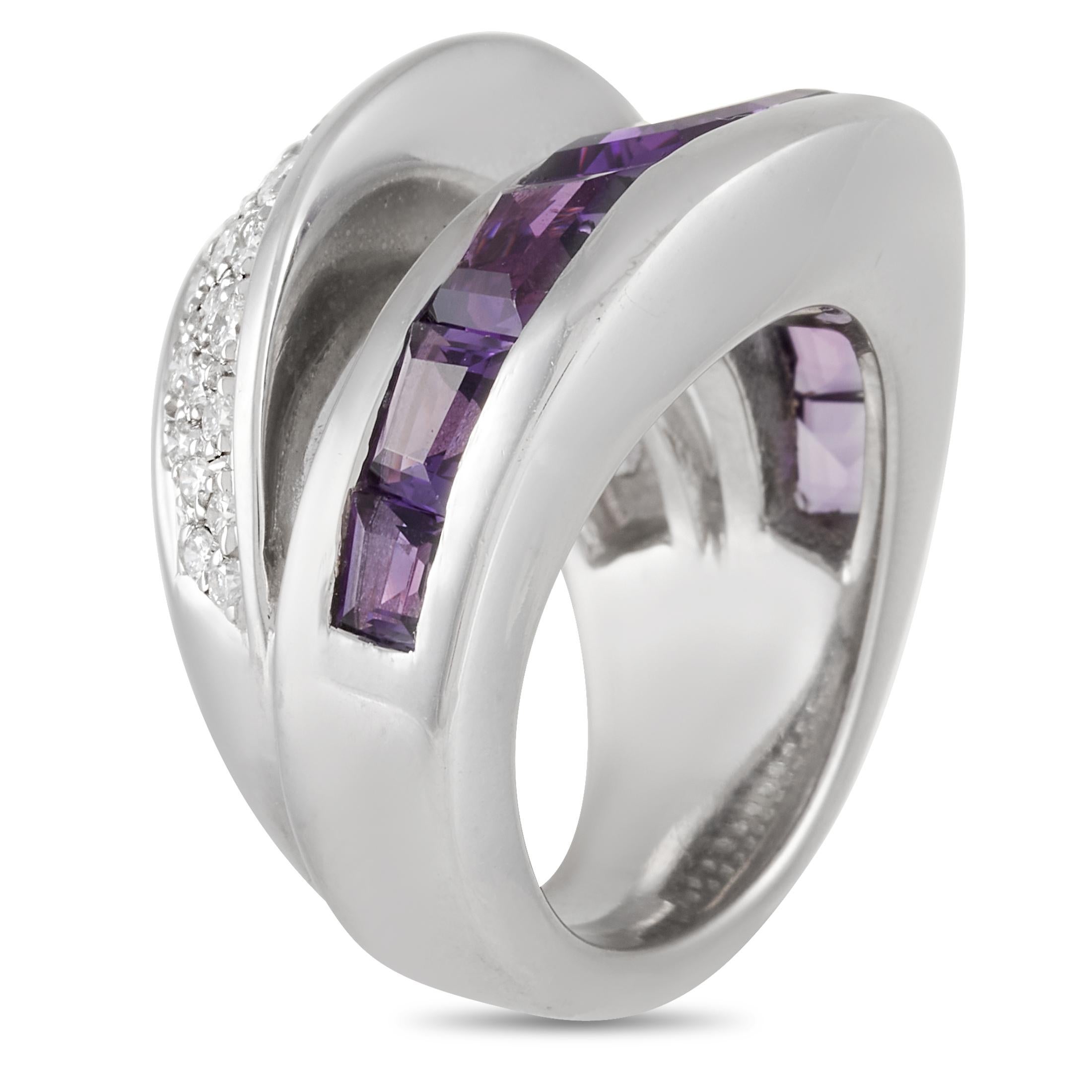 This Vasari 18K White Gold 1.25 ct Diamond 6.5 ct Amethyst Ring is very unique. The band is made with 18K white gold set with 1.25 carats of small round cut diamonds and 8.5 carats of stunning purple amethysts. The ring has a band thickness of 6 mm,