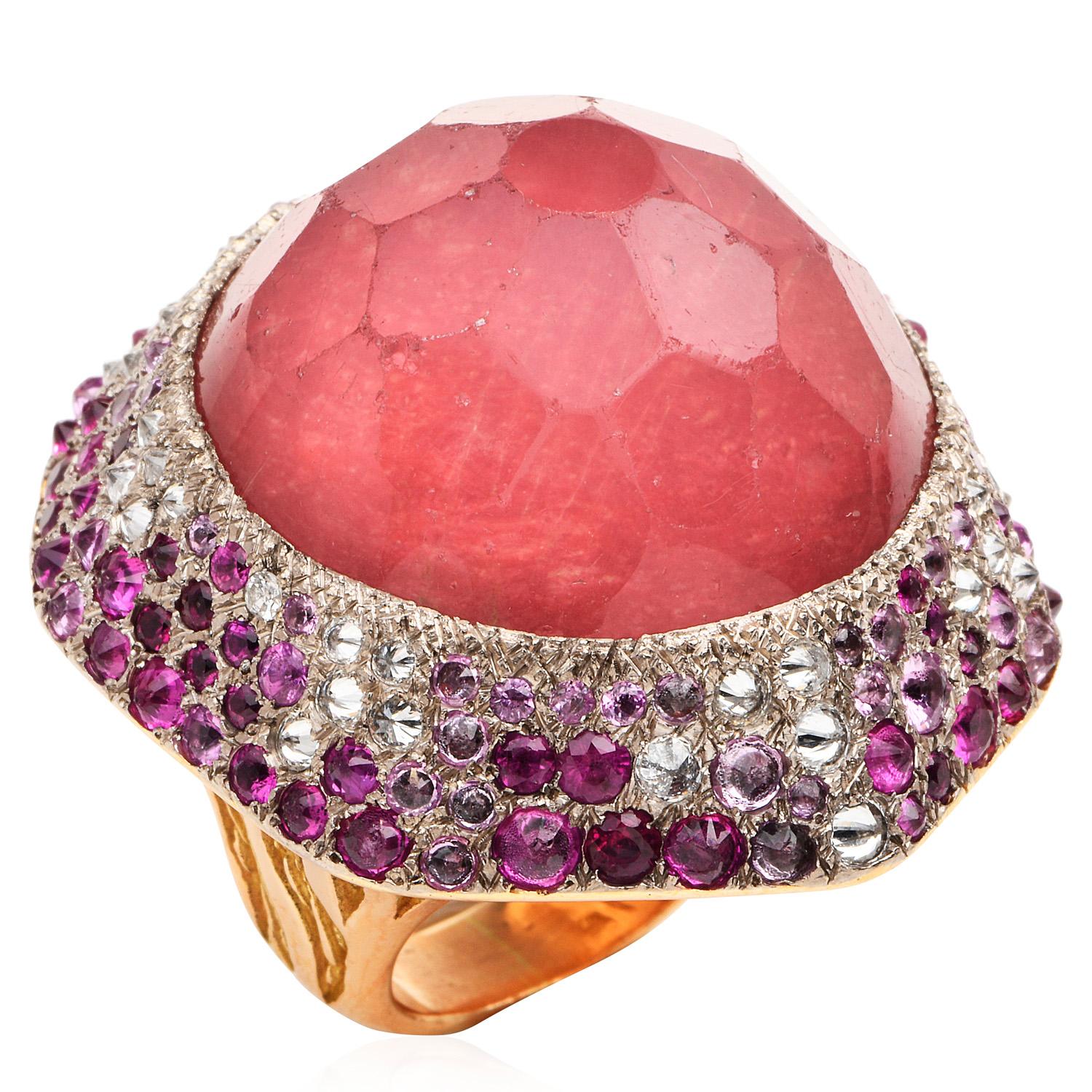 Vasari Designer Diamond Ruby Tourmaline 18K Gold Cocktail Ring In Excellent Condition In Miami, FL