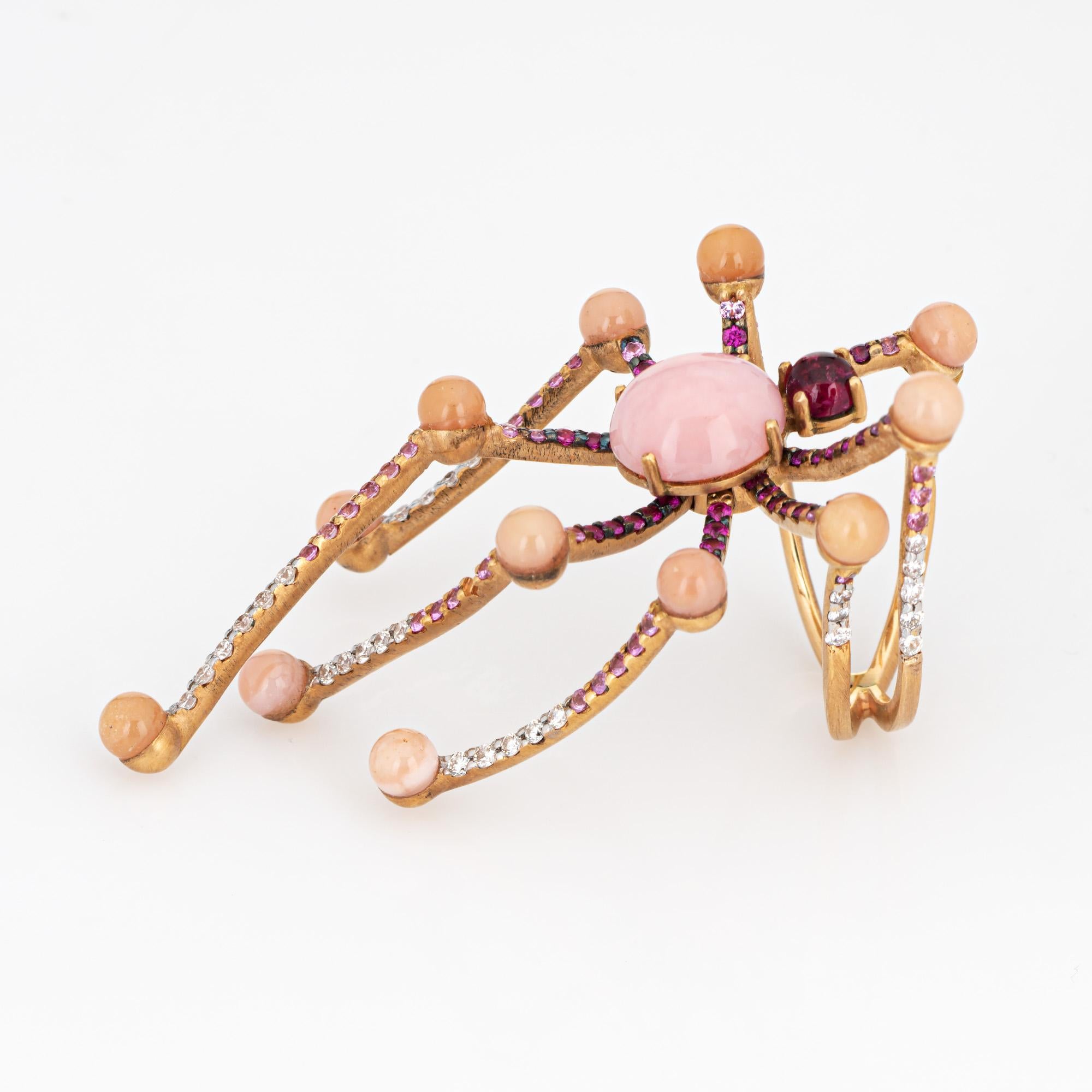 Cabochon Vasari Spider Ring Sz 6.5 Estate 18k Yellow Gold Pink Opal Diamond Rubellite For Sale