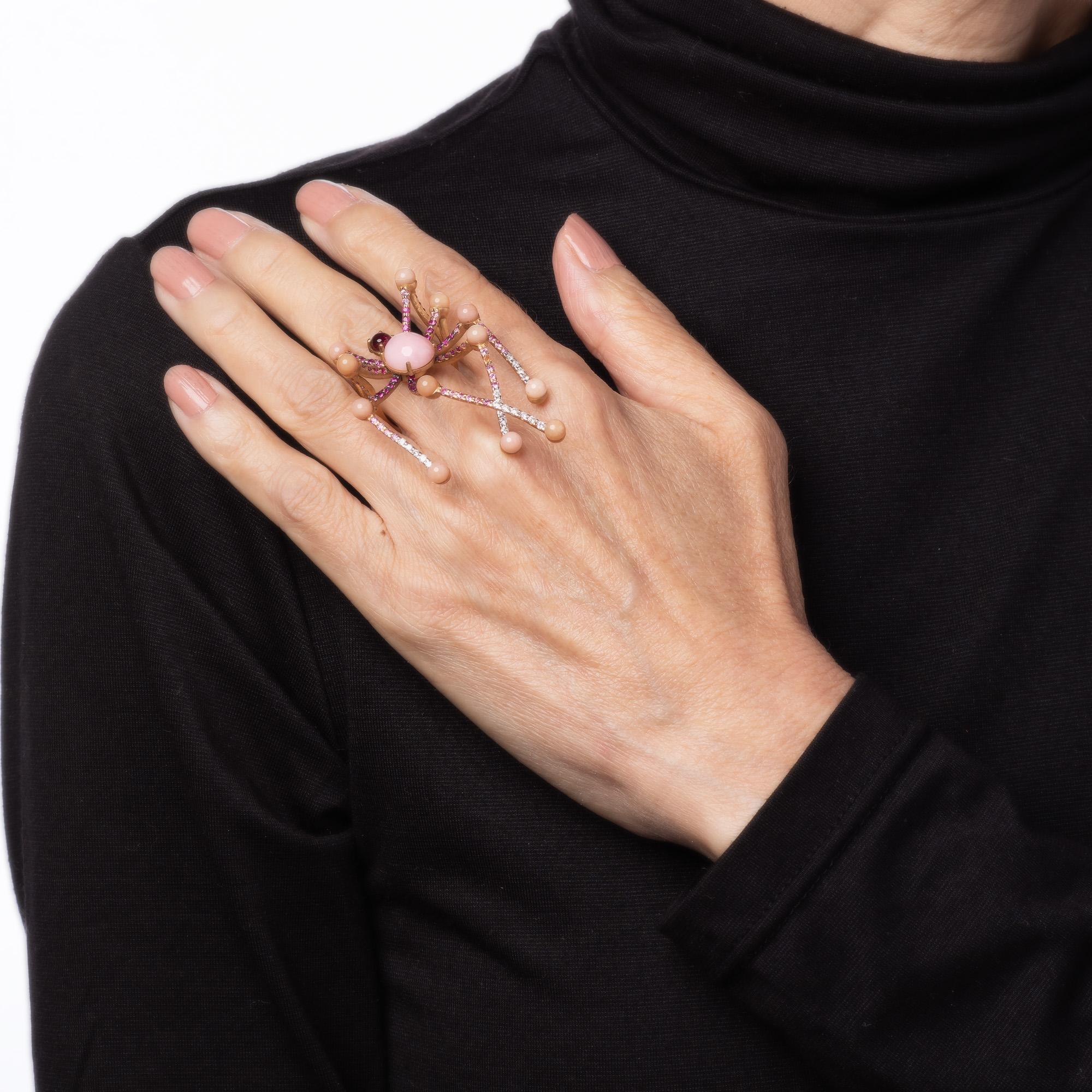 Women's Vasari Spider Ring Sz 6.5 Estate 18k Yellow Gold Pink Opal Diamond Rubellite For Sale