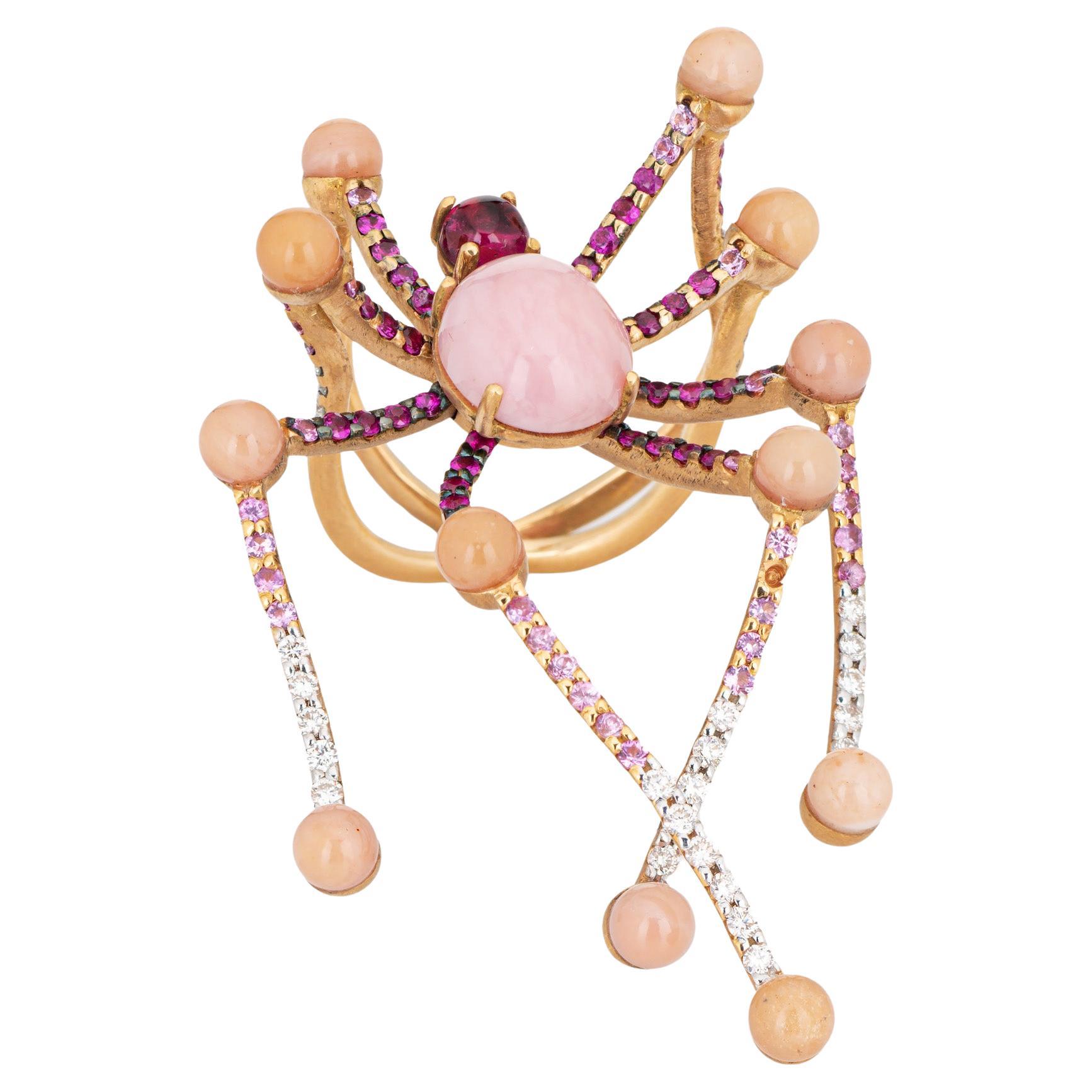 Vasari Spider Ring Sz 6.5 Estate 18k Yellow Gold Pink Opal Diamond Rubellite For Sale