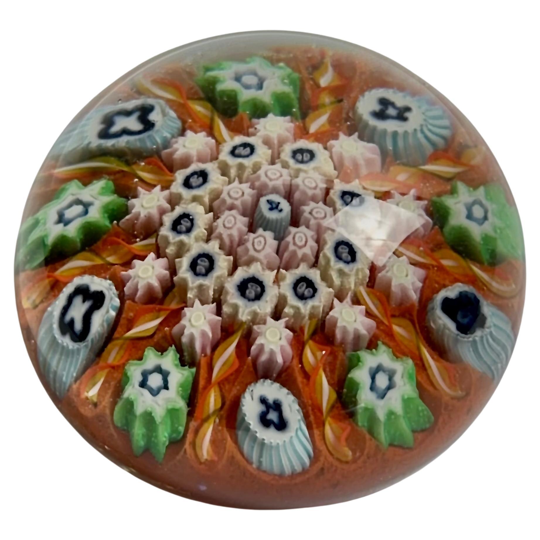 Millefiori Glass Paperweight Orange Green Blue, Vasart, Scotland c.1960s