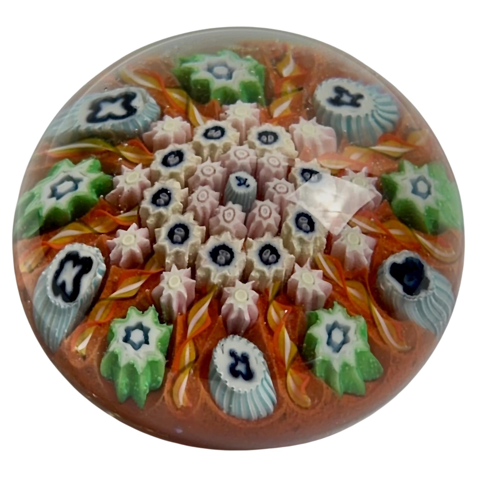 Vasart, Scotland,  1960s Mille Fiori Orange and Green Paperweight 