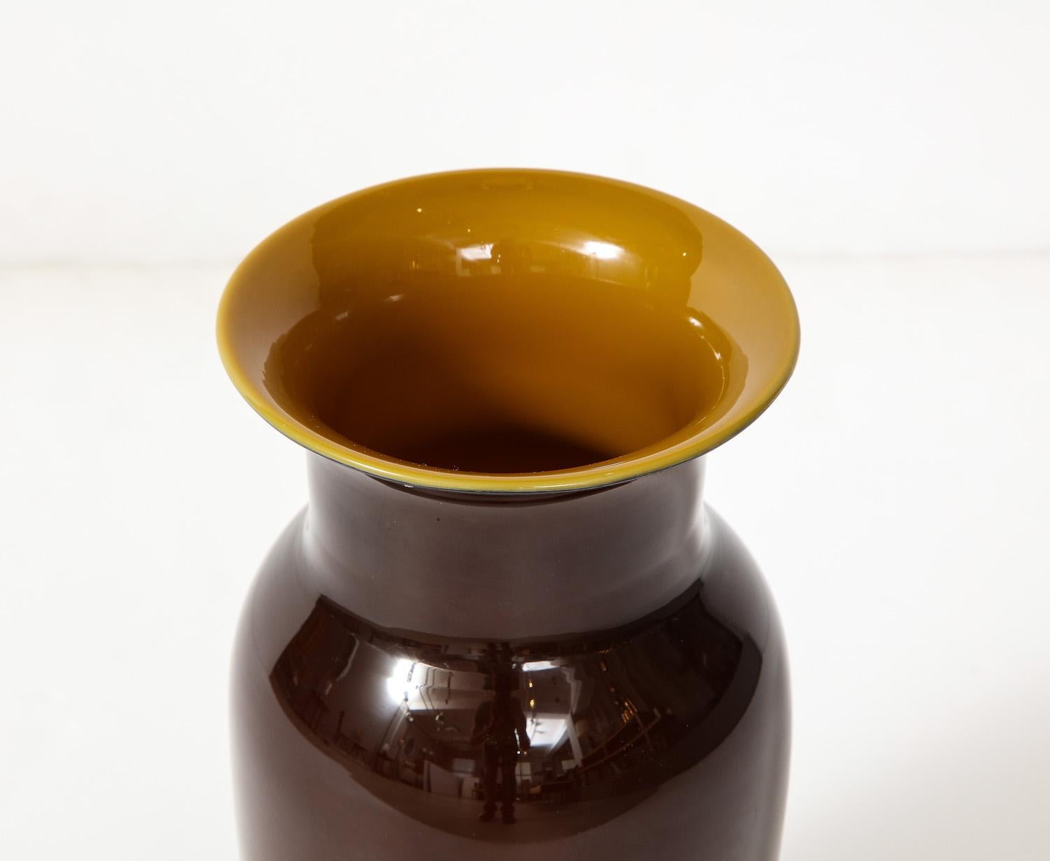 Cased glass in dark brown & gold. 3-line acid etched stamp to bottom date the production of this vase somewhere between 1945-1966.