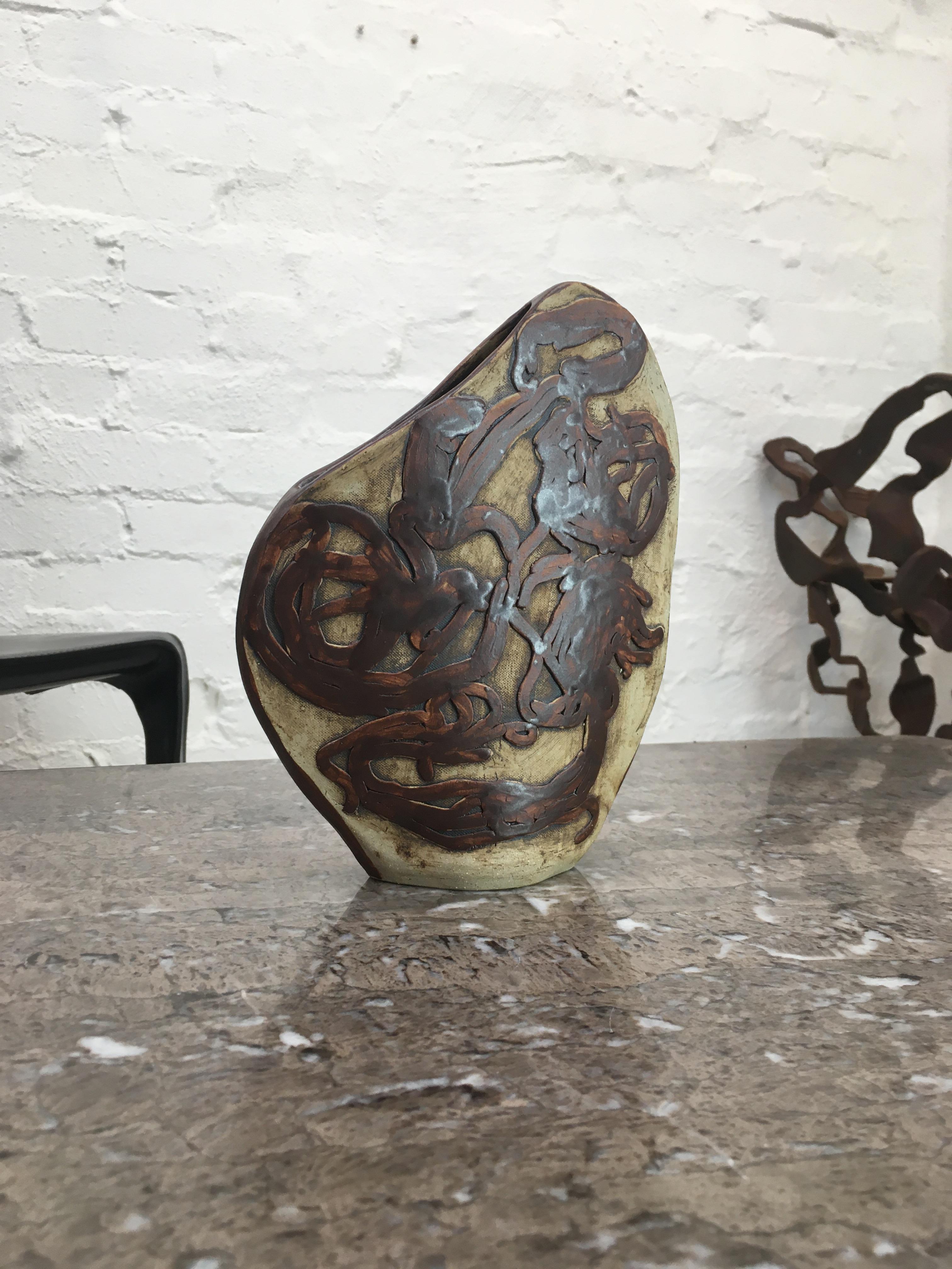 Vase Abstract Bass Relief Decoration After Bernard Rooke 1970s Bronze Glaze For Sale 8
