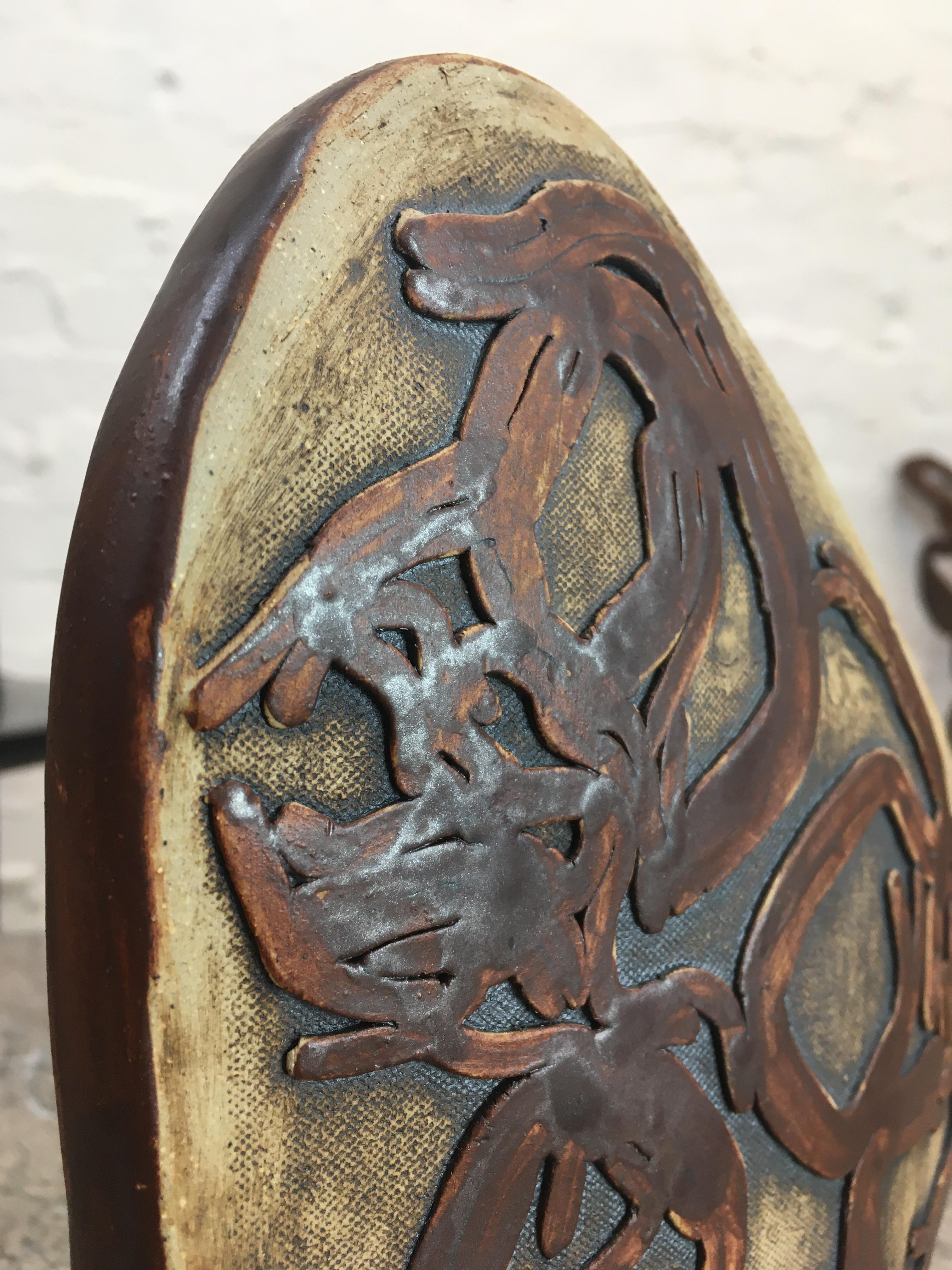Appliqué Vase Abstract Bass Relief Decoration After Bernard Rooke 1970s Bronze Glaze For Sale