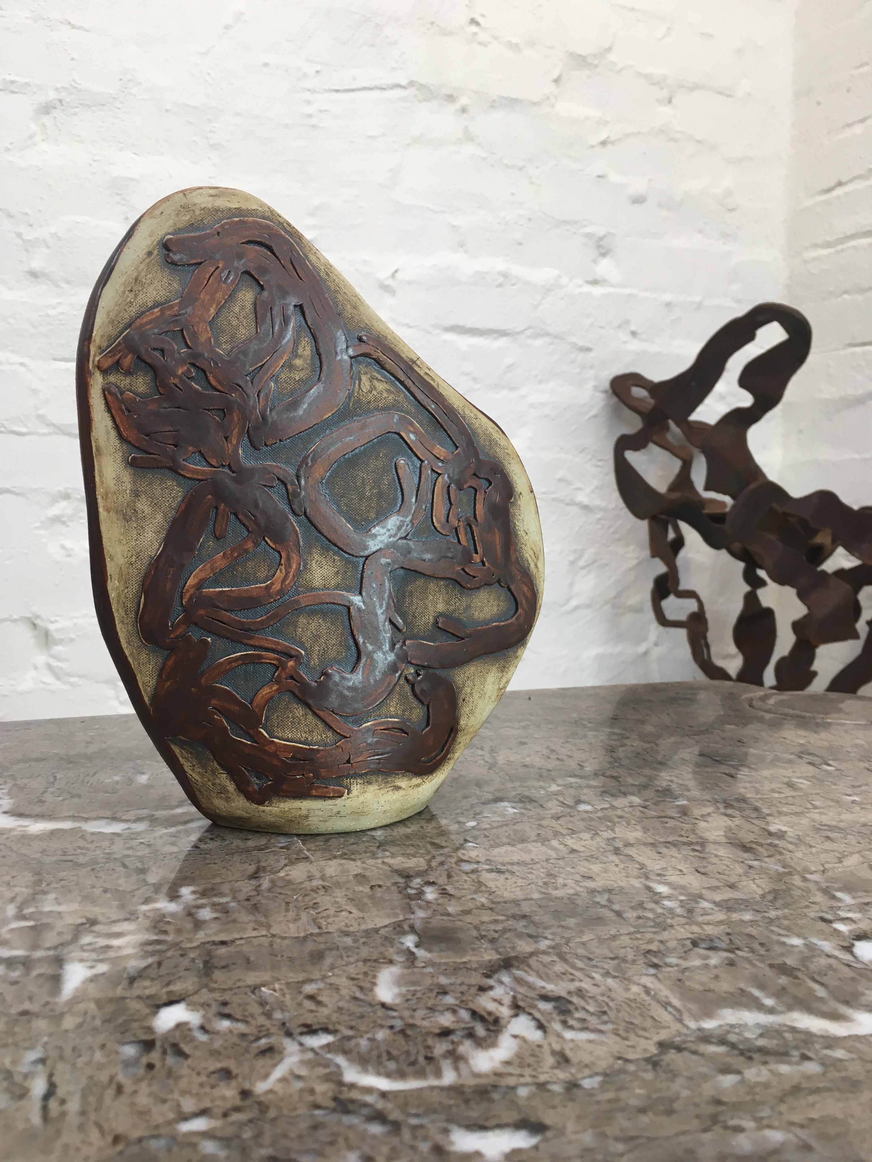 Vase Abstract Bass Relief Decoration After Bernard Rooke 1970s Bronze Glaze In Good Condition For Sale In Melbourne, AU