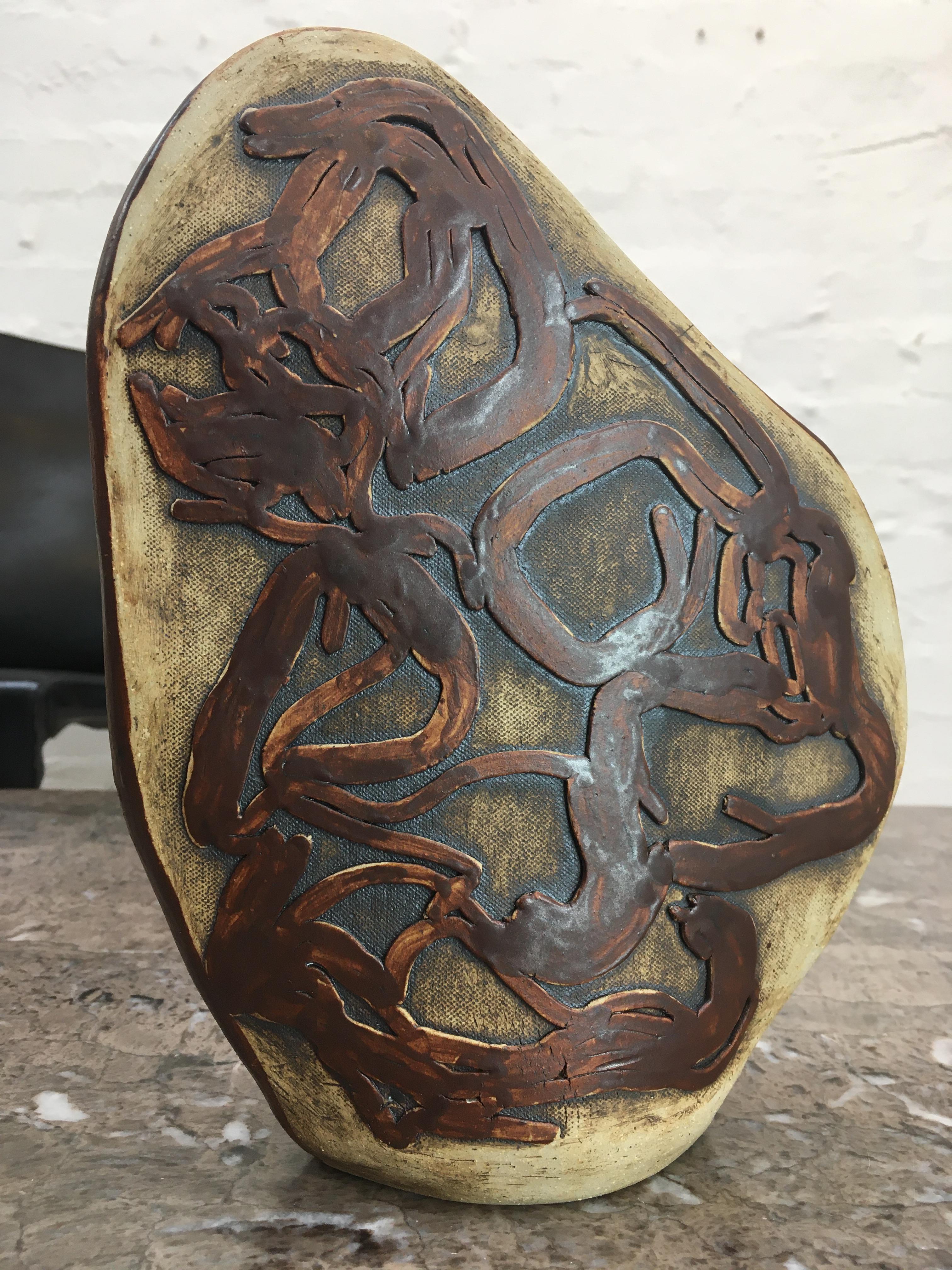 Earthenware Vase Abstract Bass Relief Decoration After Bernard Rooke 1970s Bronze Glaze For Sale