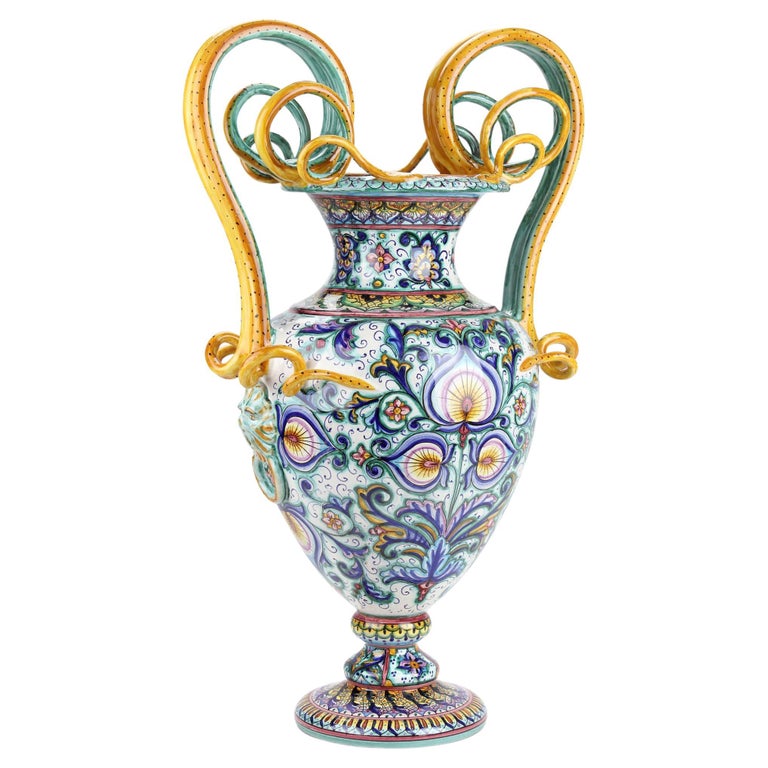 Vase Amphora Hand Painted Ornament Handles Majolica Renaissance Vessel