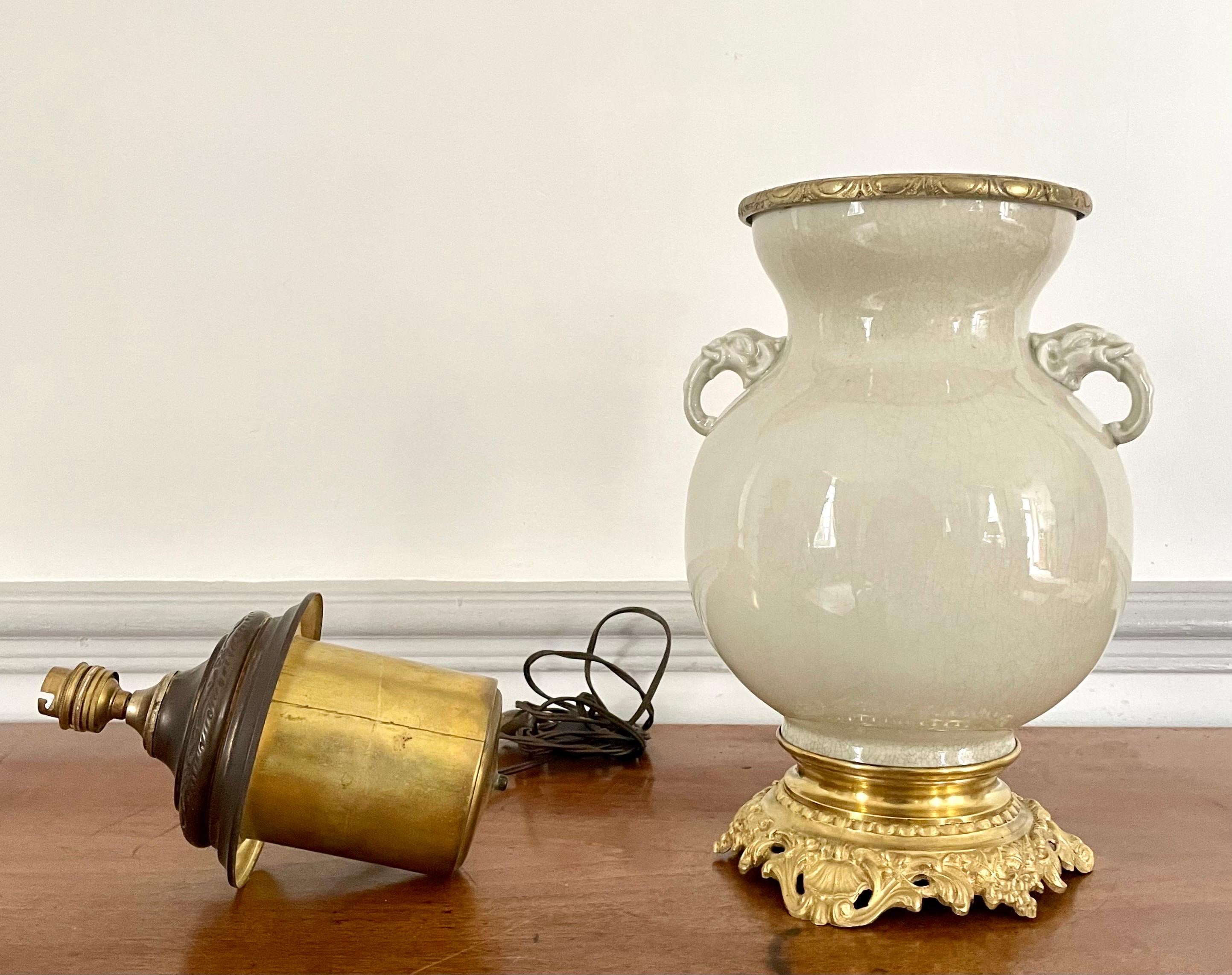 19th Century Vase and Lamp Cracked Glazed Chinese Porcelain White Ivory, Qing, China 19th C For Sale