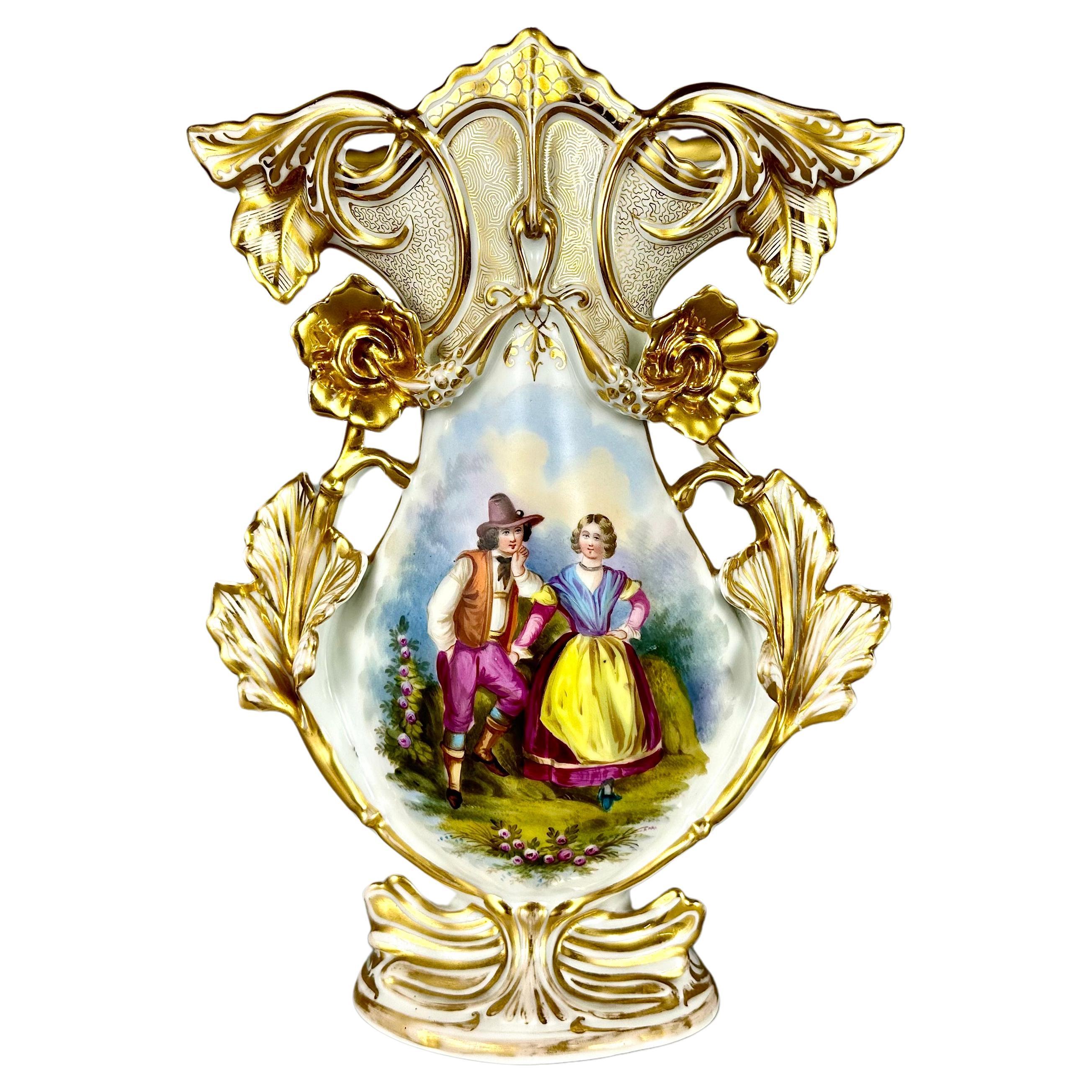 Vase Antique Old Paris Hand Painted Parisian Romantic Scene France 19th Century For Sale