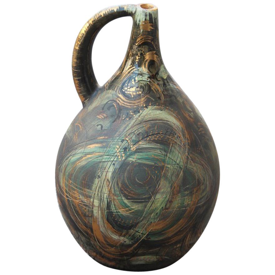 Vase en poterie d'art Torido Mazzotti Albisola des années 1950 - Futuriste vert, orange et doré