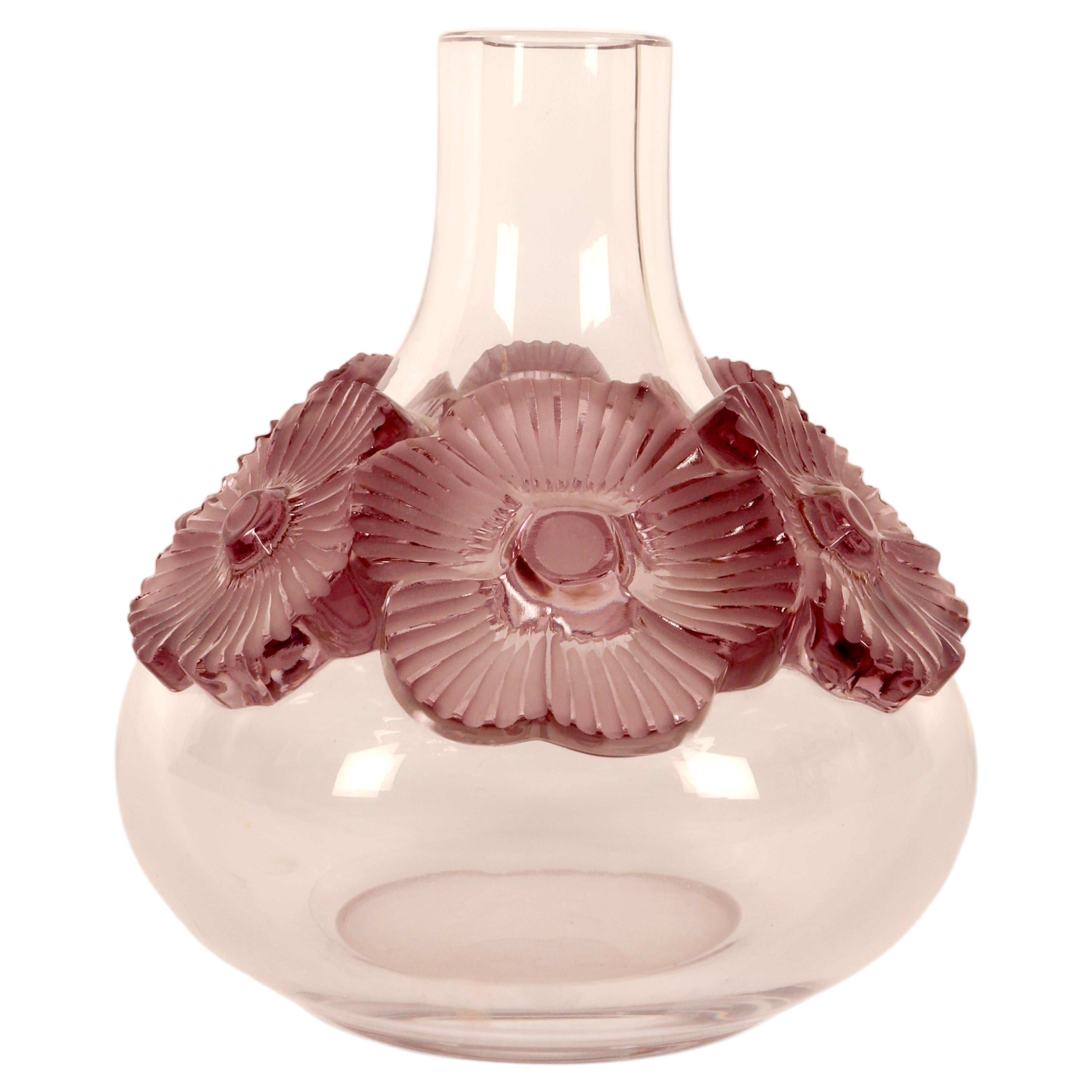 Vase Atossa by Lalique, crystal with heat-applied lavender flowers, France 1972.