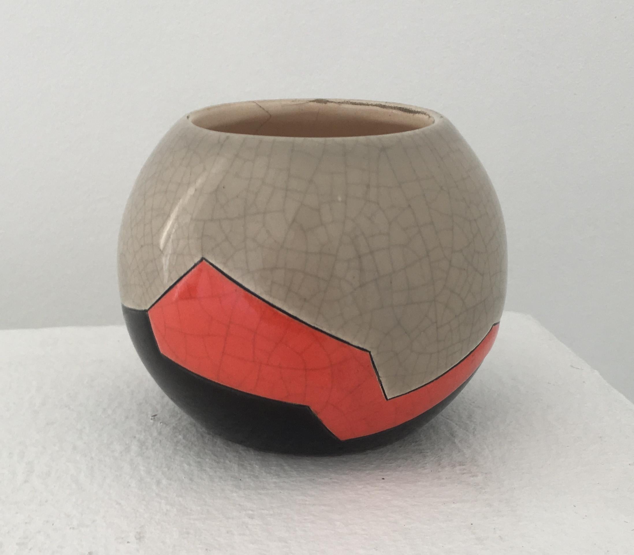 Vaso Ball Ceramista francese J. Suzor motivo geometrico, smalto craquelé in vendita