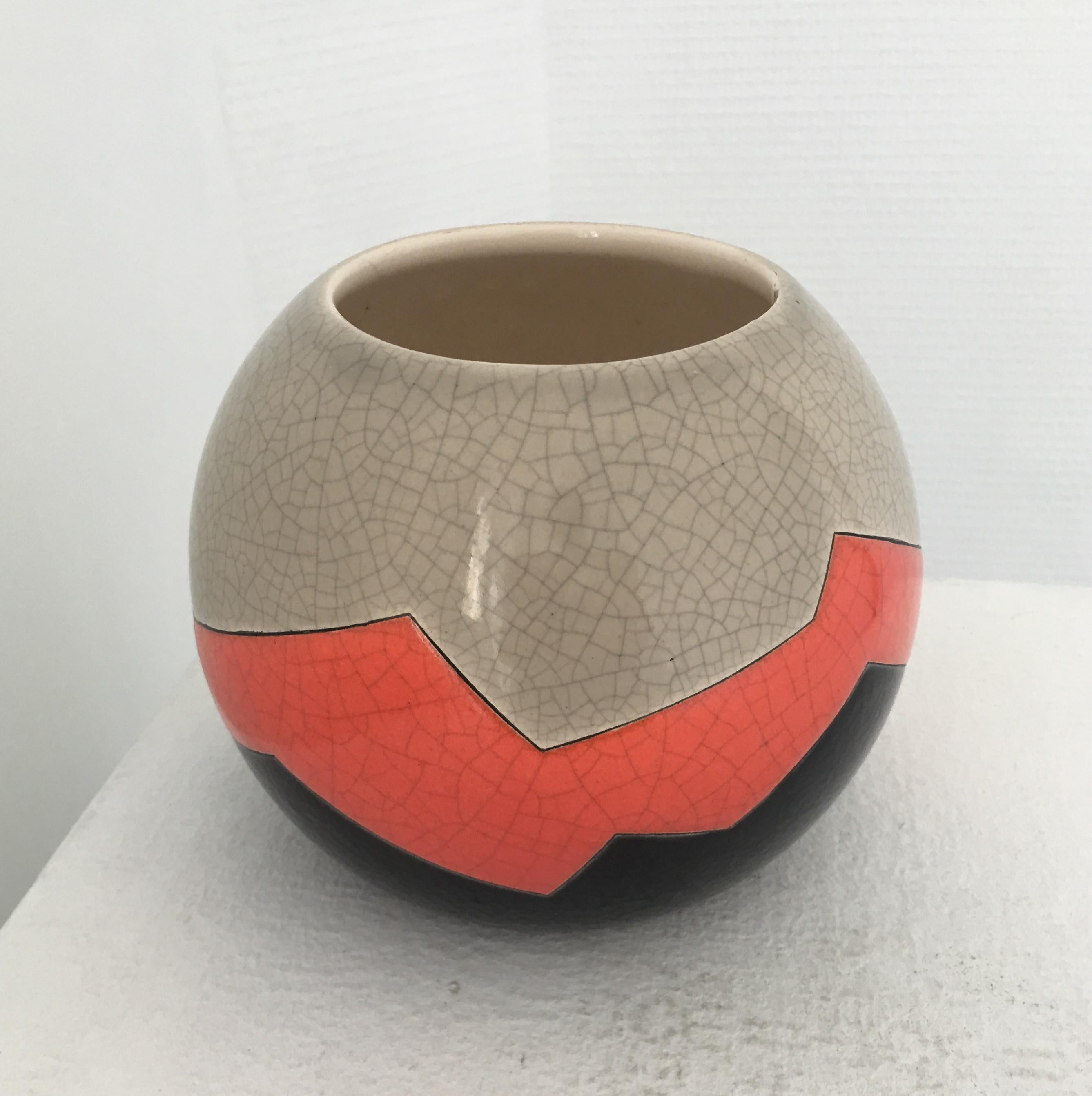 Glazed Vase Ball French Ceramist J. Suzor Geometric Pattern, Craqueling Glazelongwy For Sale