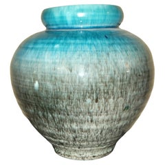Vase boule Accolay en céramique émaillée bleu Français 1960 Vintage