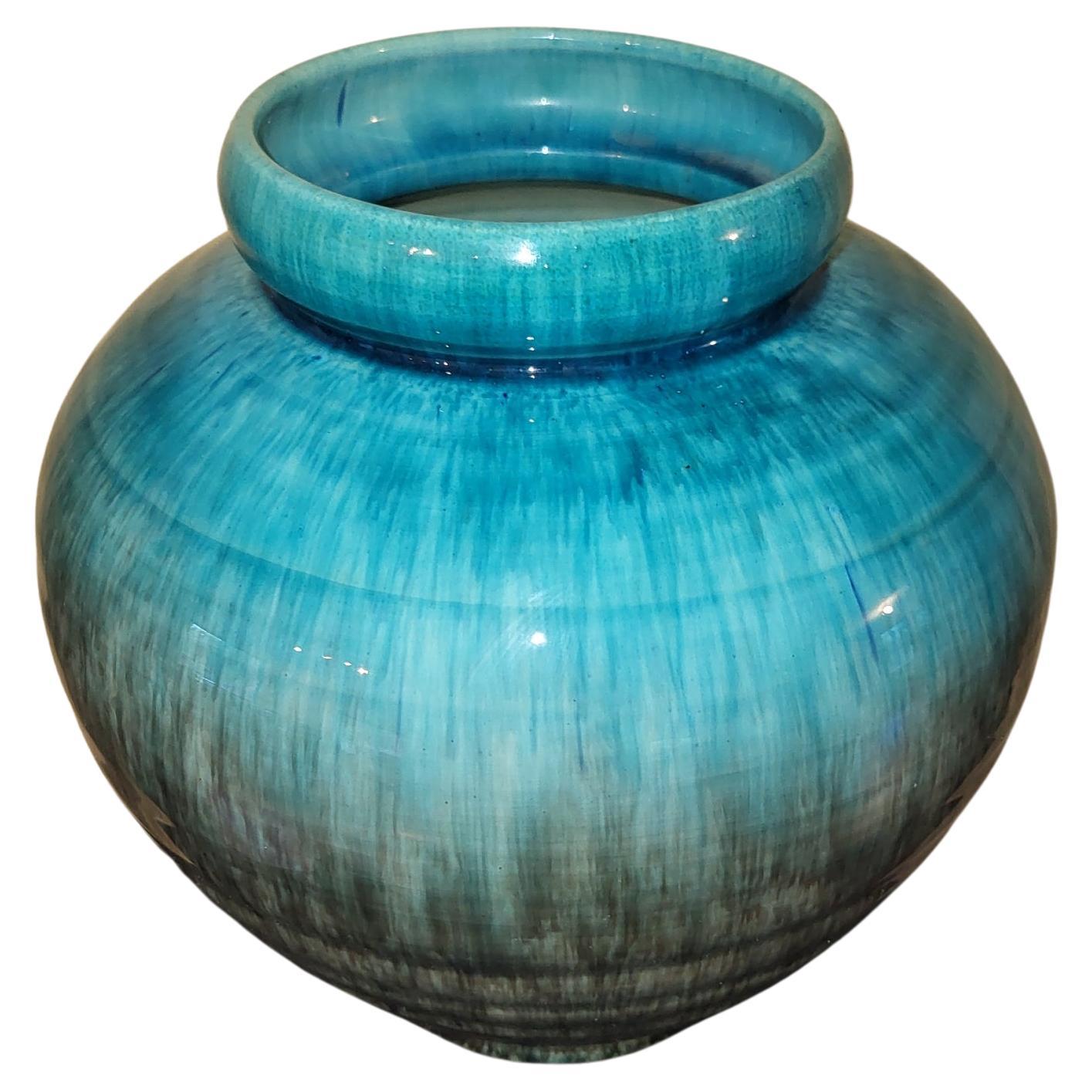 Enameled Vase boule Accolay en céramique émaillée bleu Français 1960 Vintage For Sale