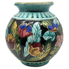 Vase Boule, céramique décor fleurs à la feuille d'or , Français Vallauris, 1960