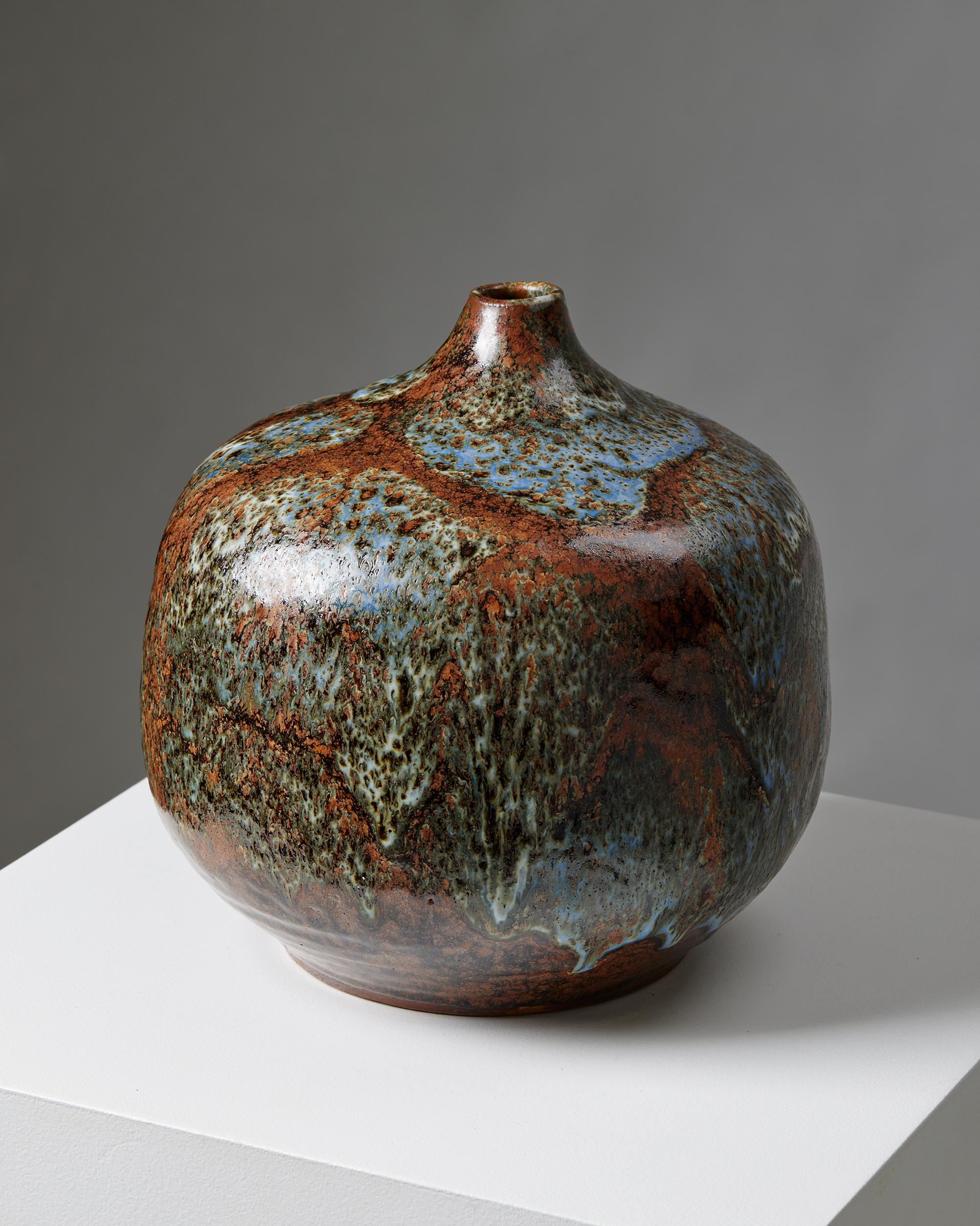 Mid-Century Modern Vase by Erik Plöen, Norway, 1970s, earthenware, large vessel, rust, turquoise For Sale