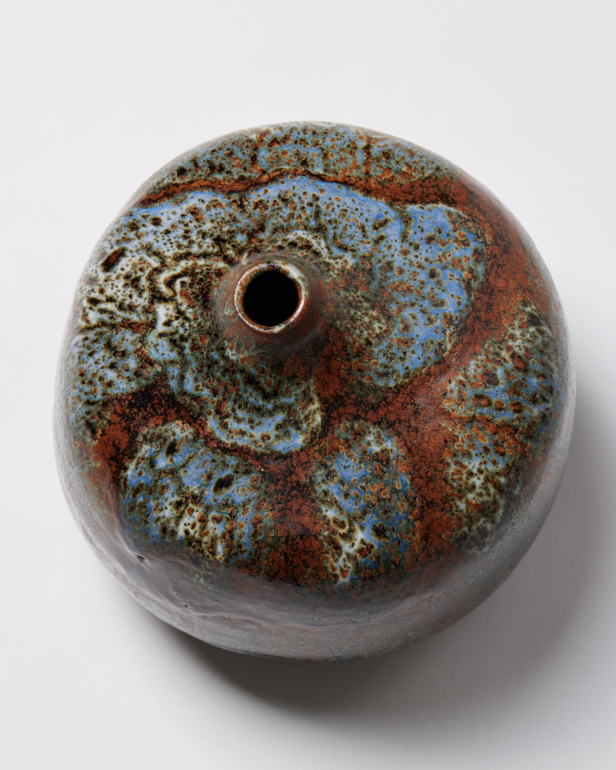 Earthenware Vase by Erik Plöen, Norway, 1970s, earthenware, large vessel, rust, turquoise For Sale