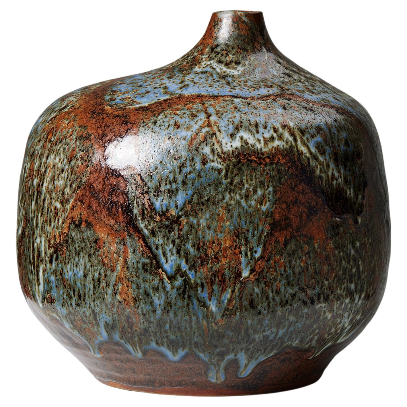 Vase by Erik Plöen, Norway, 1970s, earthenware, large vessel, rust, turquoise For Sale