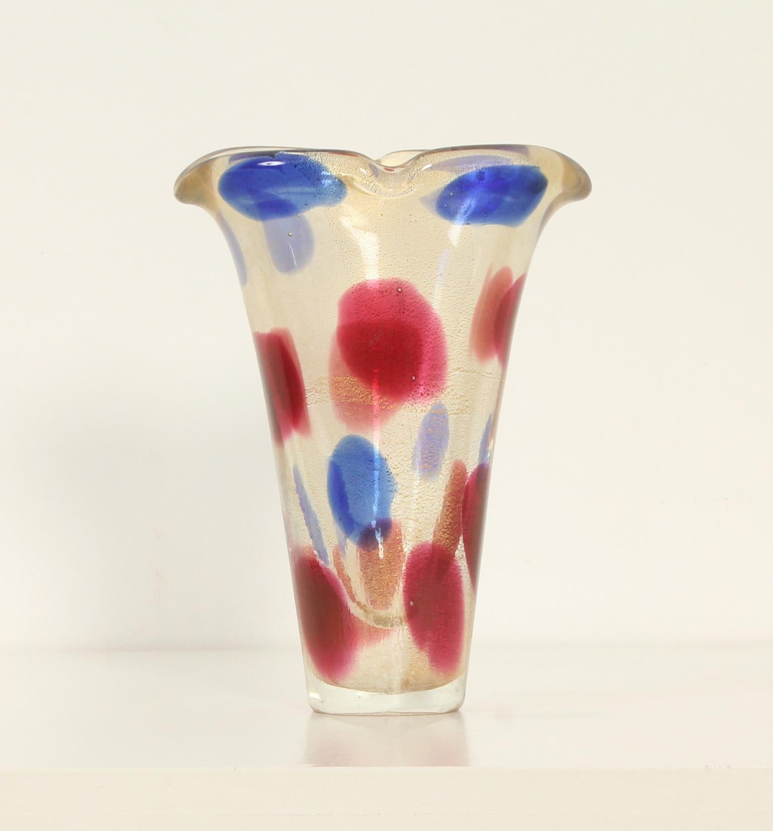 Vase by Fratelli Toso from 1950's, Murano, Italy. Hand blown clear glass with gold inclusions and colored spots. 