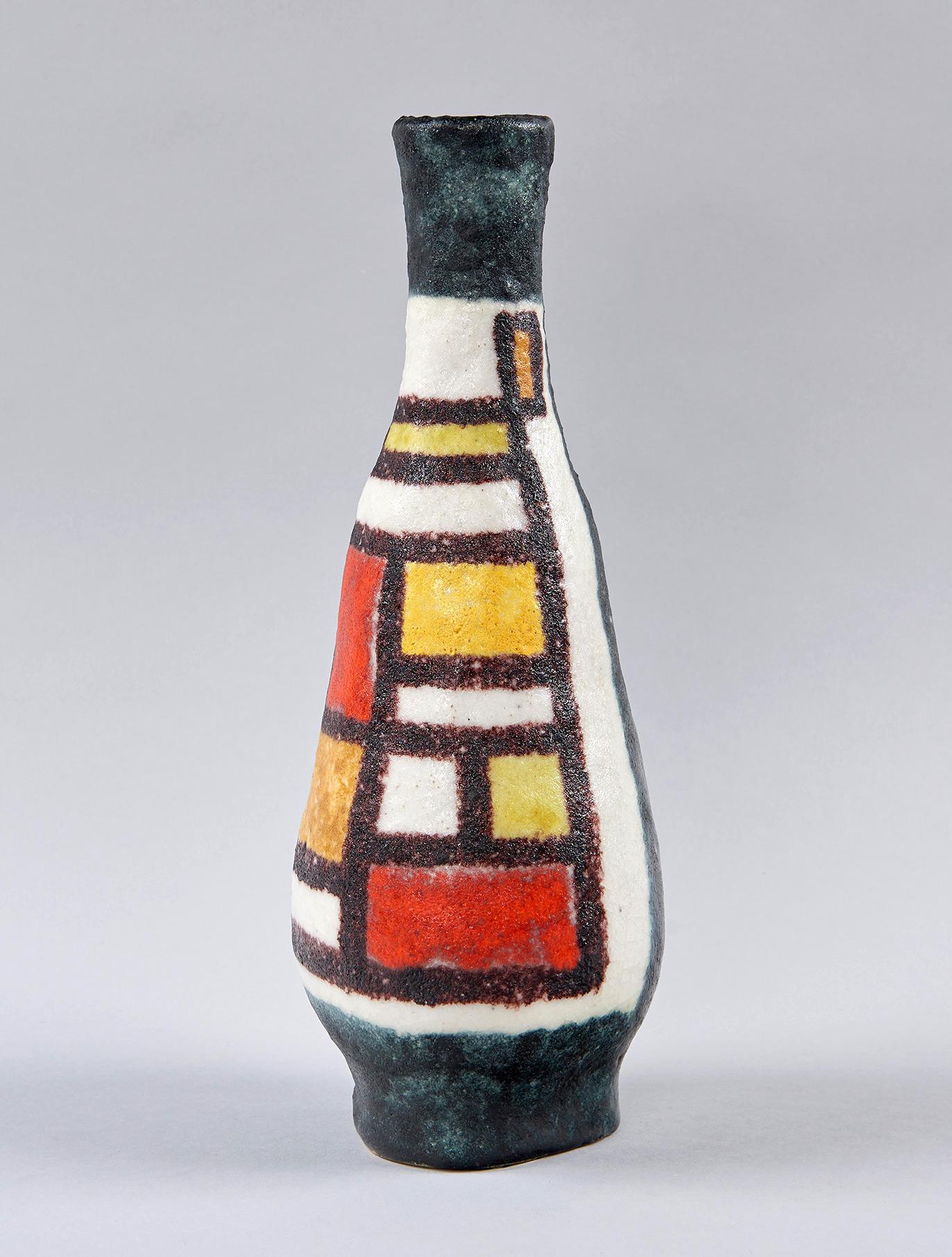 A beautiful 1950s faience vase by post-war Italy's most celebrated ceramist, decorated with a colorful, Mondrianesque pattern. Signed with Gambone's famous 