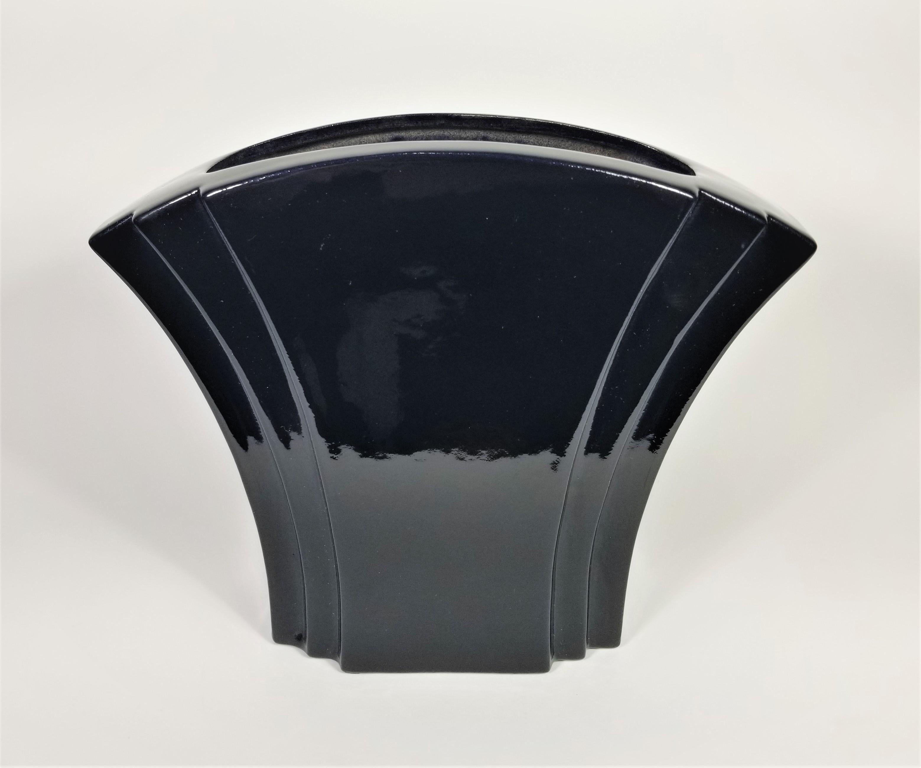 Mid Century 1970s 1980s Black Glazed Ceramic Vase by Hyalyn. Art Deco Design. Signed on Bottom. 