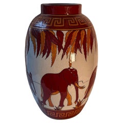 Vase by  KERALOUVE La Louviere of elephants and palms 1920's style