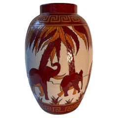 Vase by  KERALOUVE La Louviere of elephants and palms 1920's style