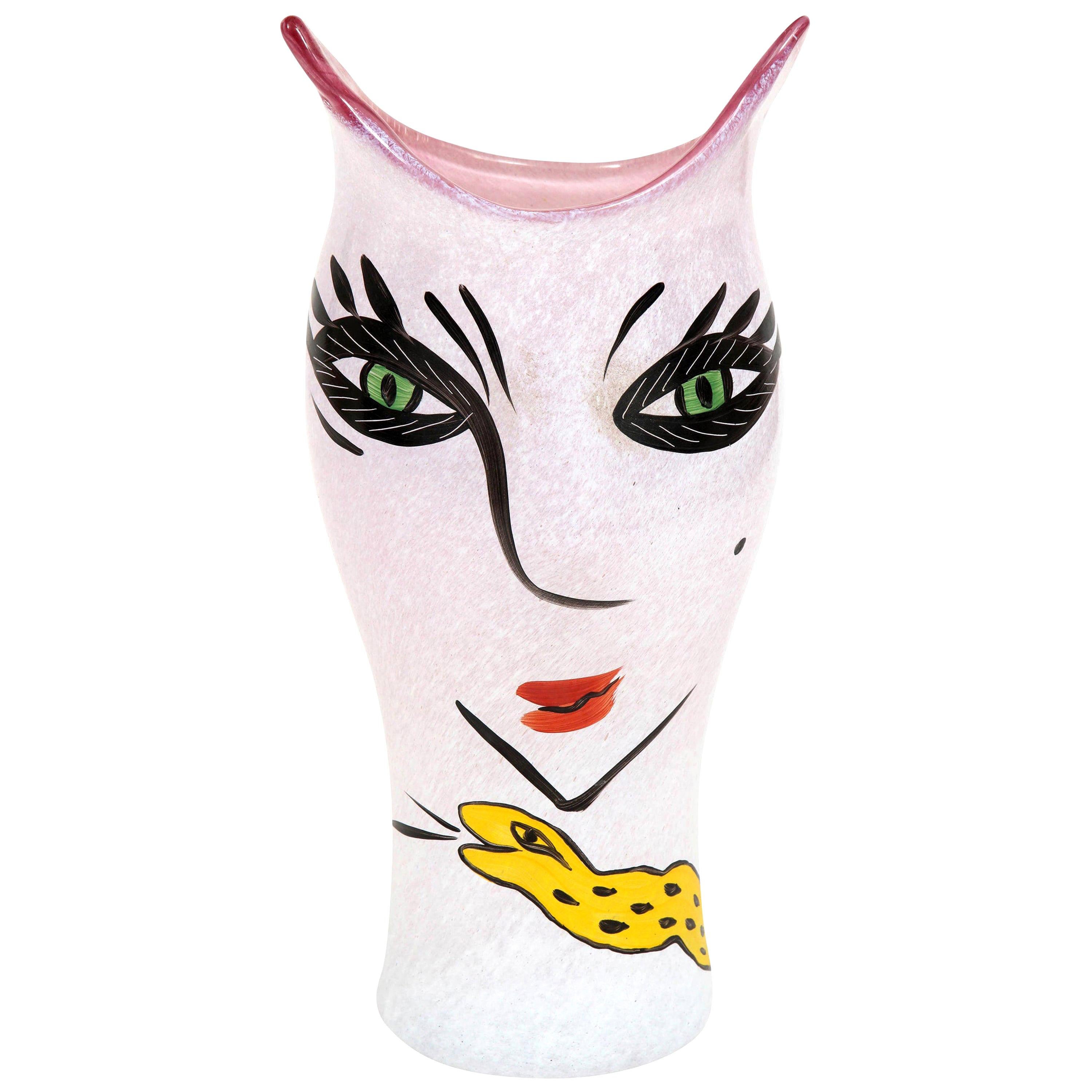 Vase by Kosta Boda, Glass, Sweden, Lady Face, Pink, Black and Yellow