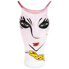 Vase by Kosta Boda, Glass, Lady Face, Pink, Black and Yellow Colors, Sweden