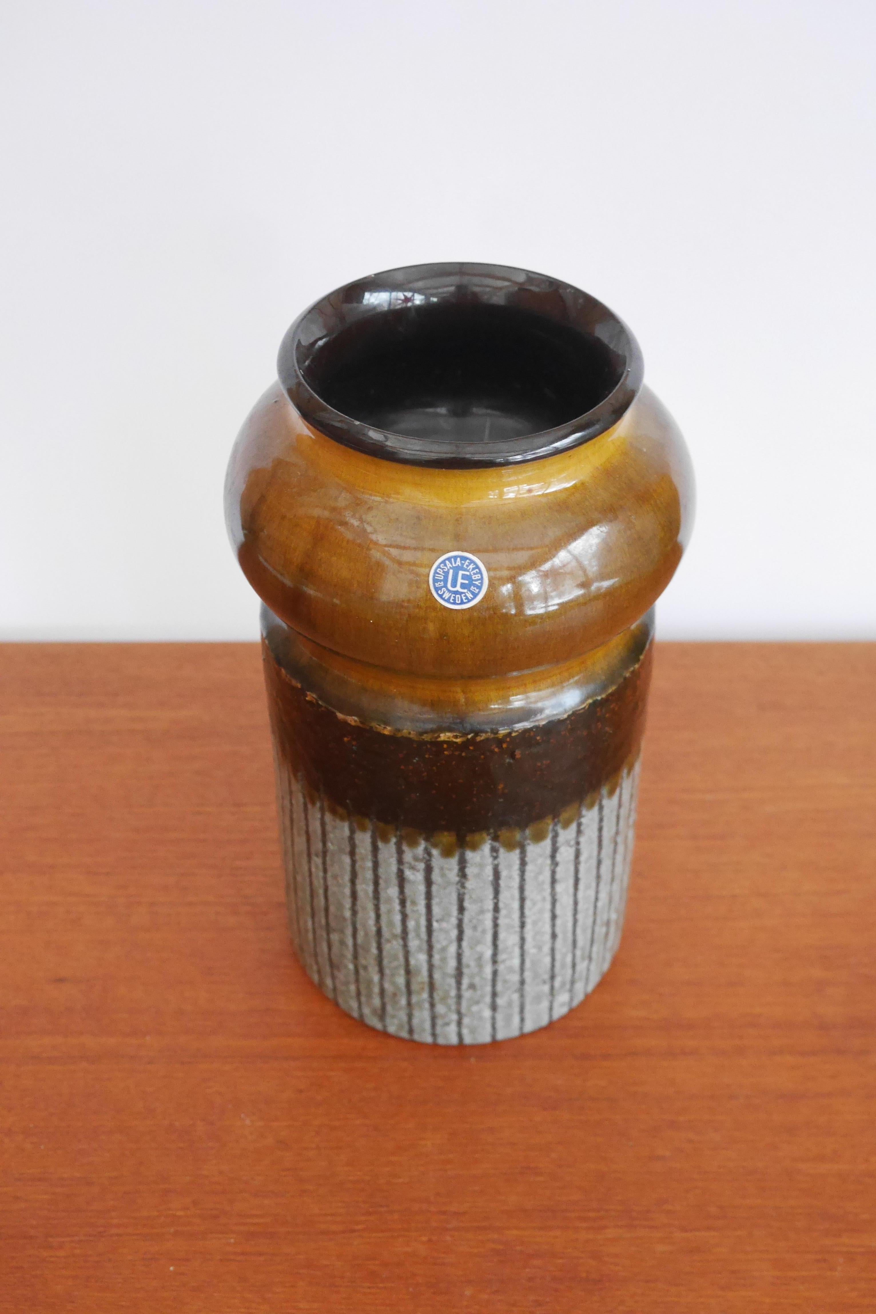 A great vase, model 7086M, by Mari Simmluson for Upsala Ekeby. It has her distinctive use of lined patterning with brown and white glazing.

Mari Simmulson (1911-2000), was born in St. Petersburg and was an Estonian-Swedish ceramicist, painter and