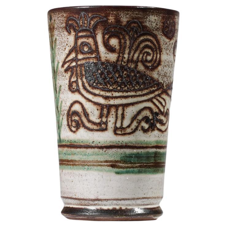 Vase de Michel Barbier à Vallauris en céramique motif oiseau des années 50