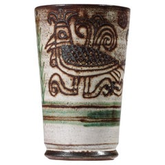 Vase de Michel Barbier en céramique vallauris avec motif d'oiseau des années 50