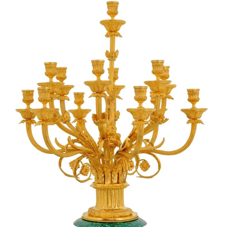 Exquisite Gilt Brass & Malachite Vase Candelabra - A Masterpiece of Opulent Design

Elevate your interior with this truly exceptional vase candelabra, a harmonious fusion of luxurious materials and intricate artistry. Designed to be a focal point,