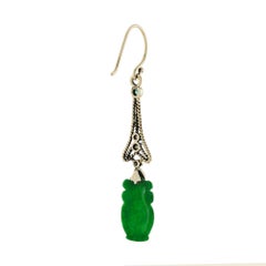 Vase Carved Jade Emerald Pearl Diamond Dangle 9K Yellow Gold Dangle Earrings