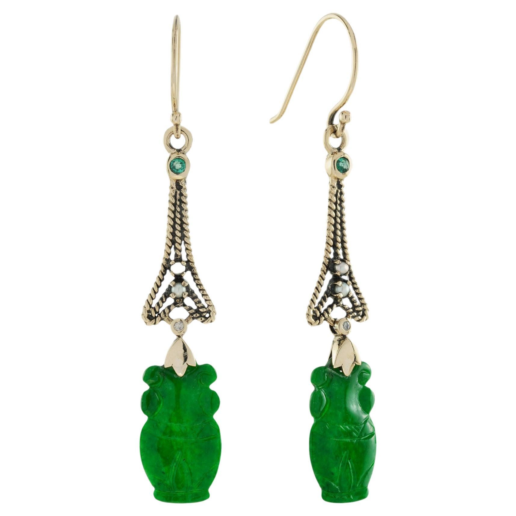 Vase Carved Jade Emerald Pearl Diamond Dangle Earrings in 9K Yellow Gold For Sale