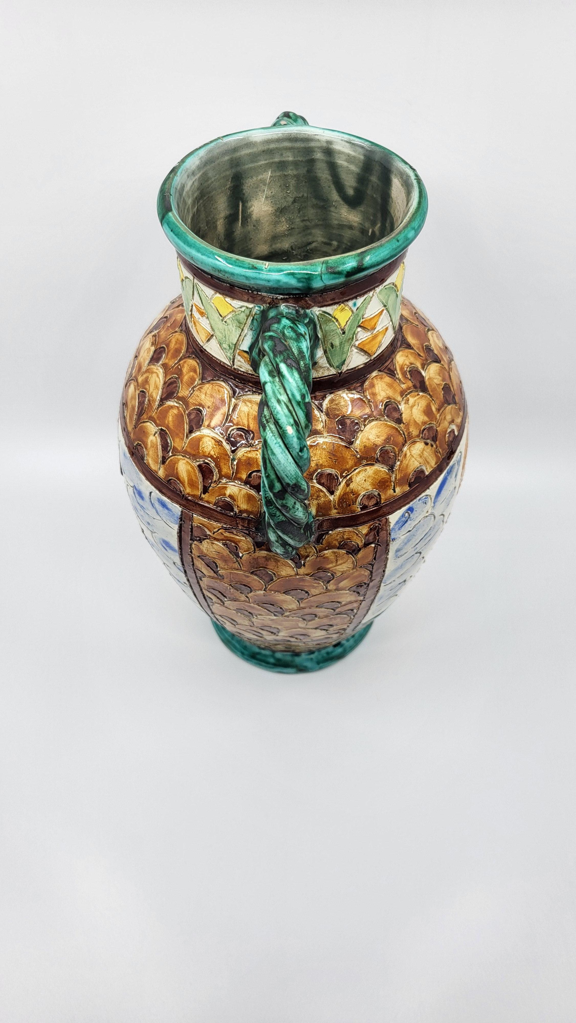 French Provincial Vase, Cerart Monaco, en céramique décor bateau , français 1950 Vallauris vintage For Sale