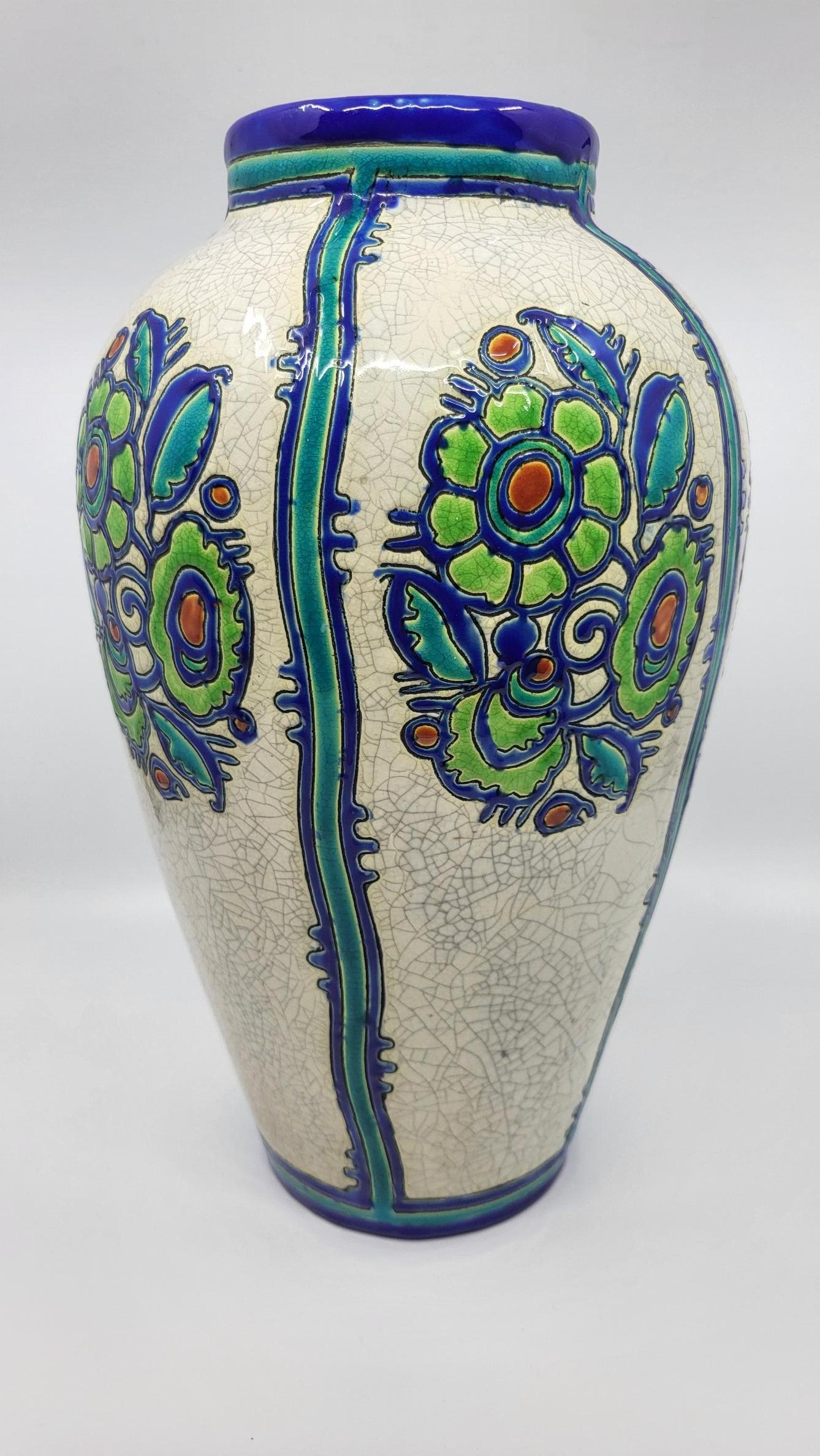 Vase Charles Catteau céramique motif fleur Kéramis Boch  Belgique Art Déco 1925 en vente 1
