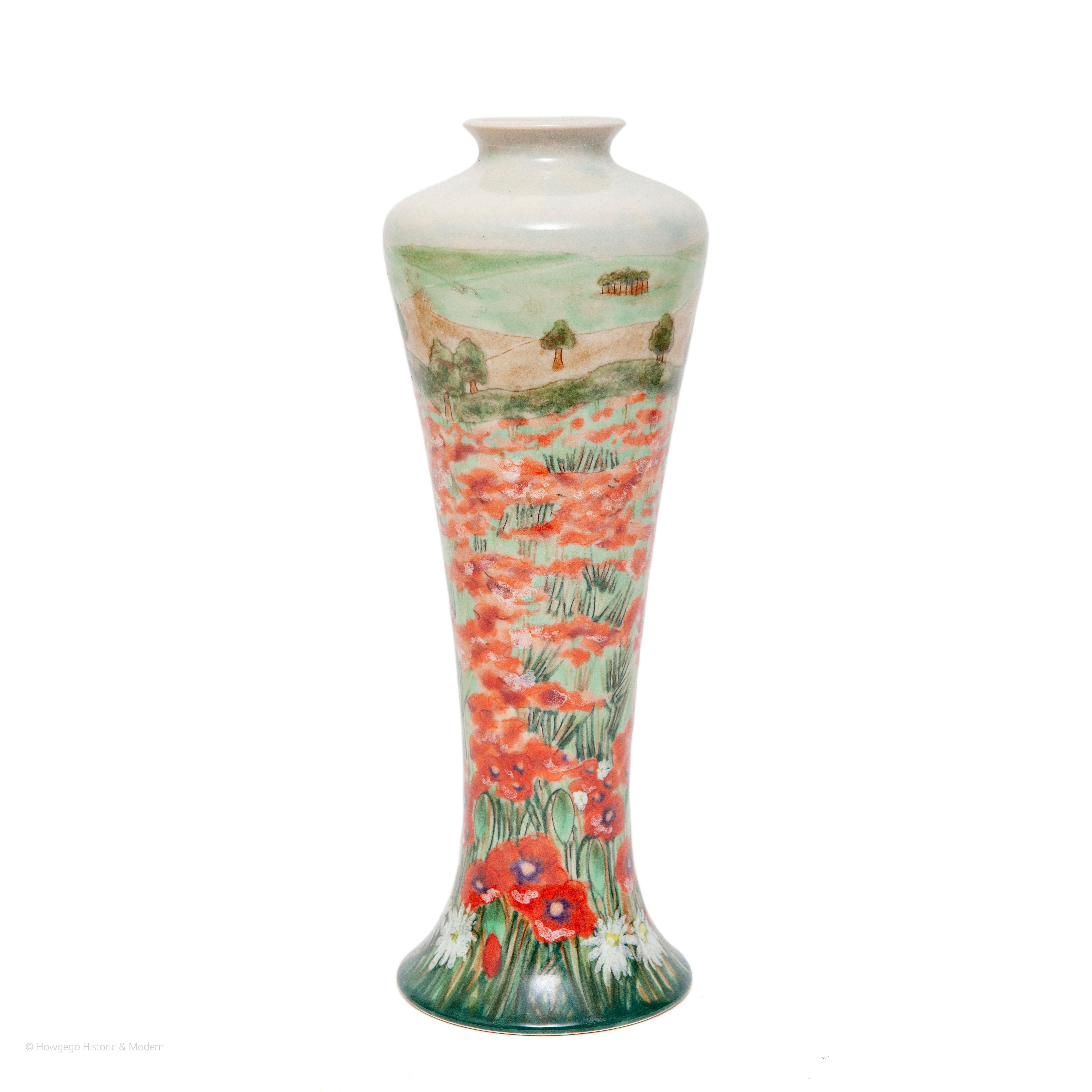 Cobridge, Poppyfields Limited Edition vase, MARKED 18/75 UNDERNEATH, 2000, 10” high
Delicate, injecting the beauty and delight of poppyfields into the interior
Great perspective with the detailing of the poppy flowerheads in the foreground of the
