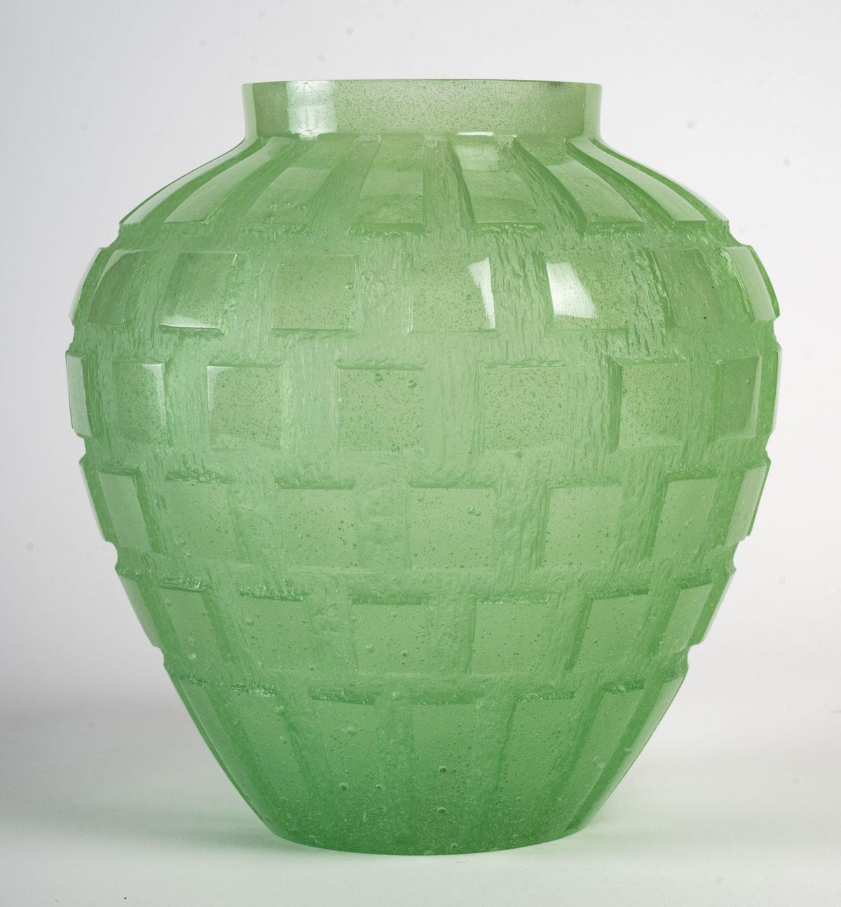 Art Deco Vase Daum Rythmes in Acid Etched Light Green Pate De Crystal, as New