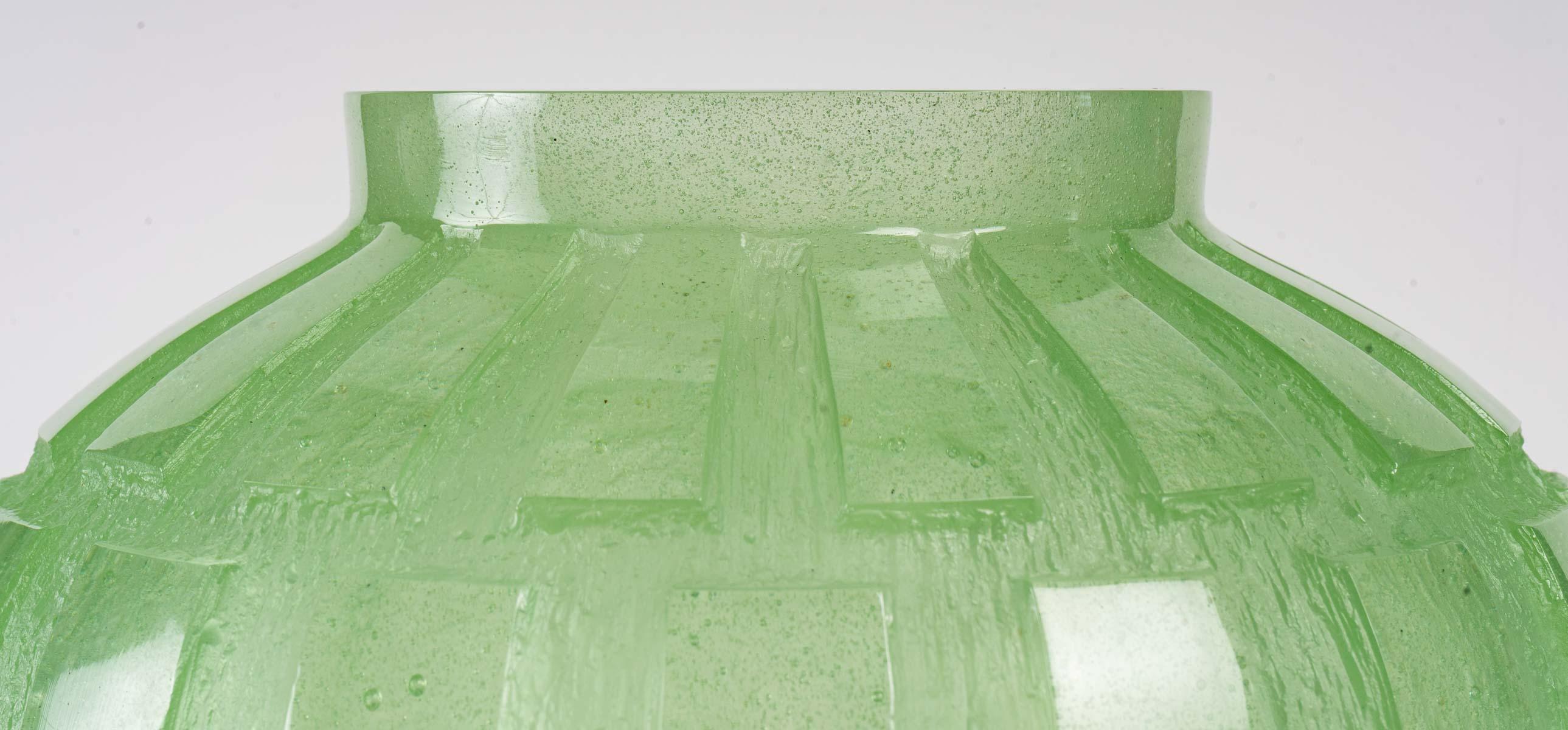 Molded Vase Daum Rythmes in Acid Etched Light Green Pate De Crystal, as New