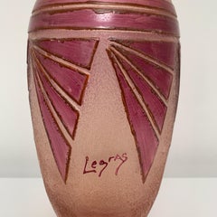 Vase Décor Art Deco Verre Gravé Et Emaillé Rubis, Legras, France, Vers 1920