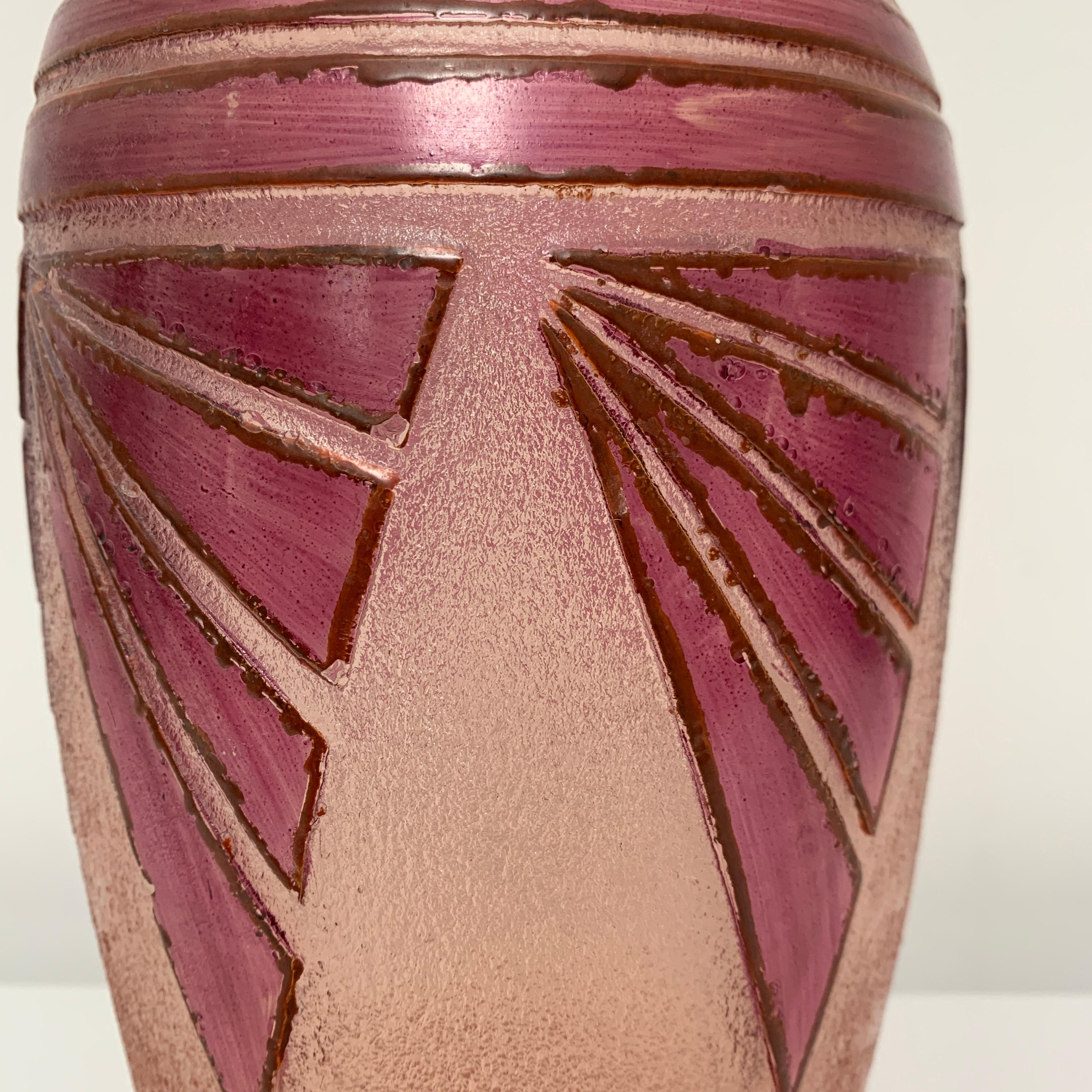 Enameled Vase Décor Art Deco Verre Gravé Et Emaillé Rubis, Legras, France, Vers 1920