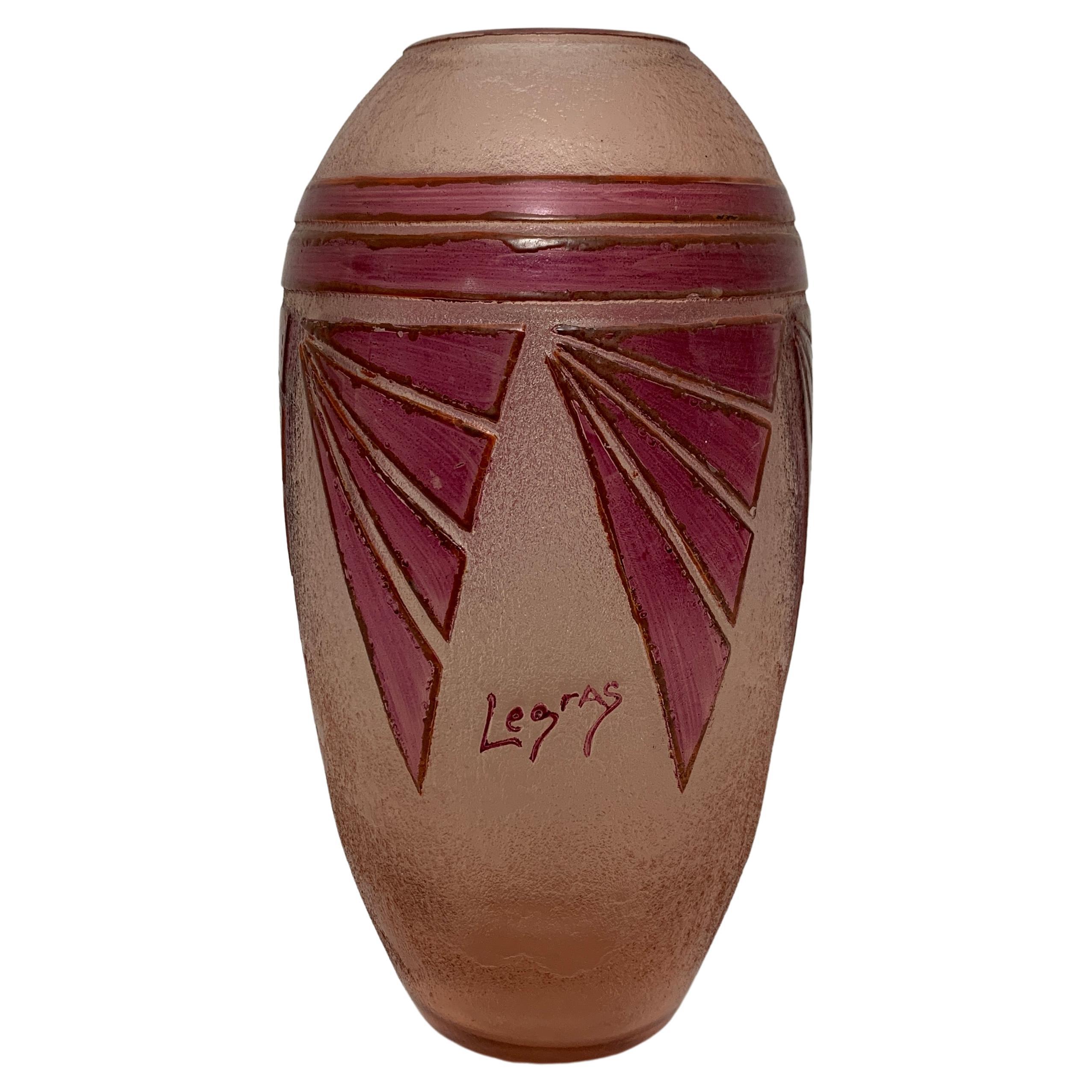 Vase Décor Art Deco Verre Gravé Et Emaillé Rubis, Legras, France, Vers 1920