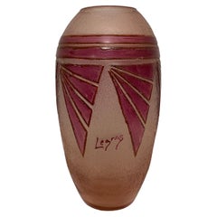 Vase Décor Art Deco Verre Gravé Et Emaillé Rubis, Legras, France, Vers 1920