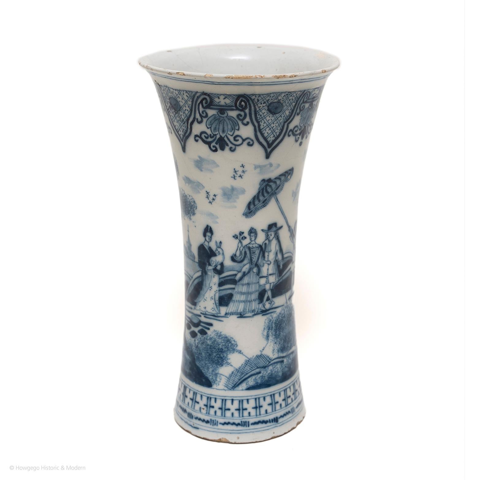 Unusual decoration blending a European pastoral landscape with Chinoiserie ornamentation. Suitable for everyday use.

The tapering body decorated with a European lady and a gentleman walking in a rural landscape with a manservant holding a parasol