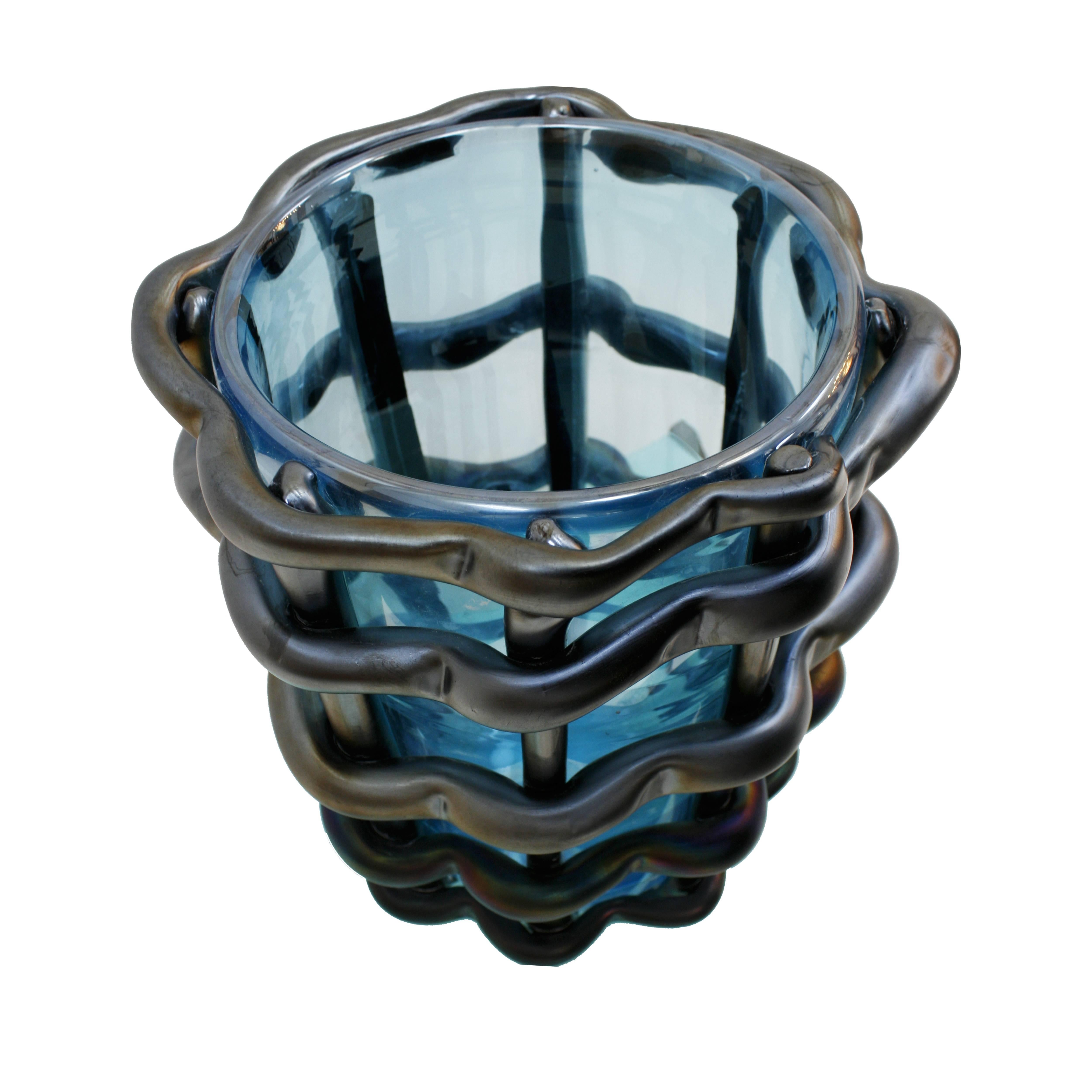 Vase designed by Seguso Murano, handcrafted in blue Murano glass and iridescent grey.