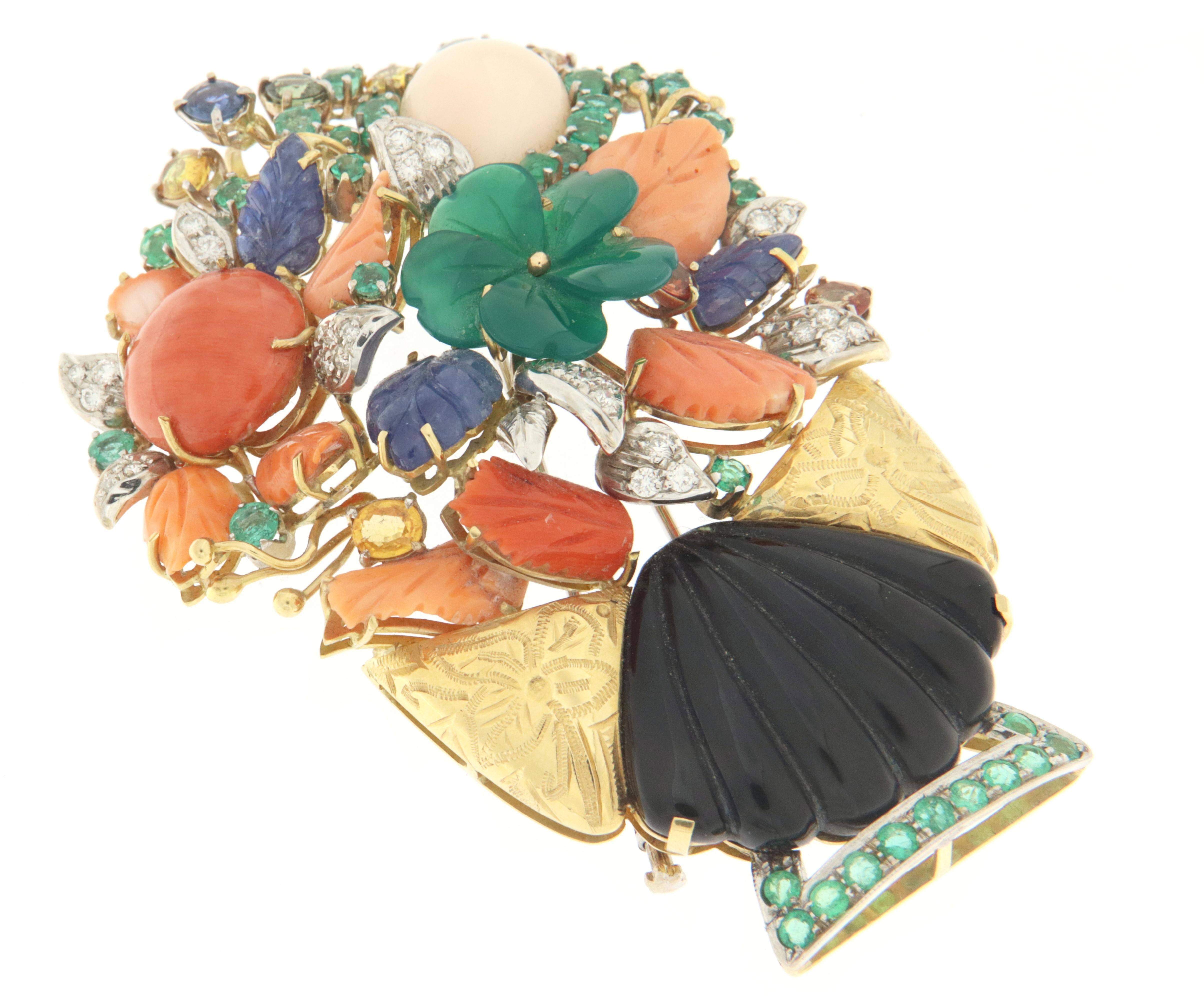 Artisan Vase Diamonds Coral Onyx Emeralds Sapphires 18 Karat Gold Brooch Pendant For Sale